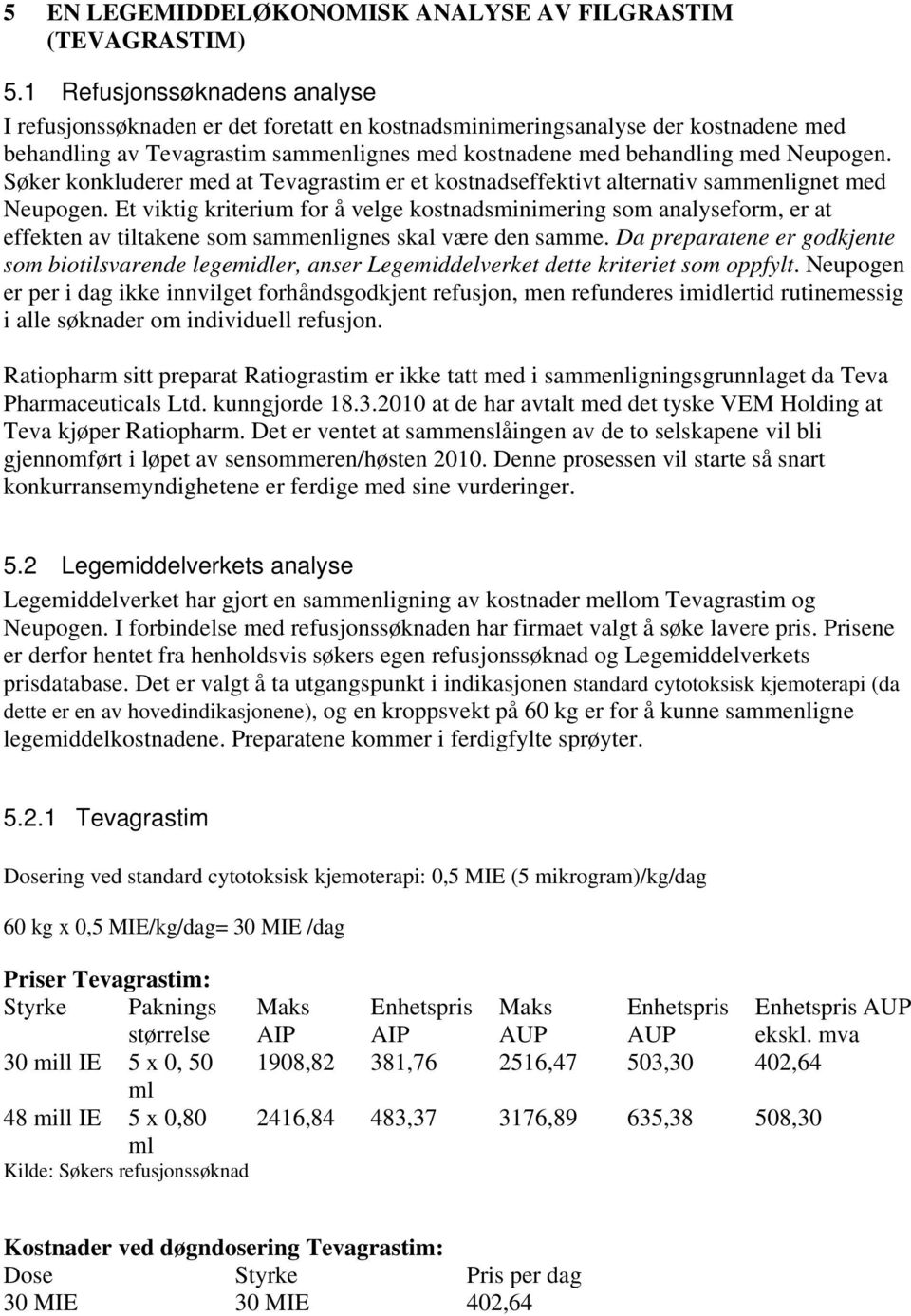 Søker konkluderer med at Tevagrastim er et kostnadseffektivt alternativ sammenlignet med Neupogen.