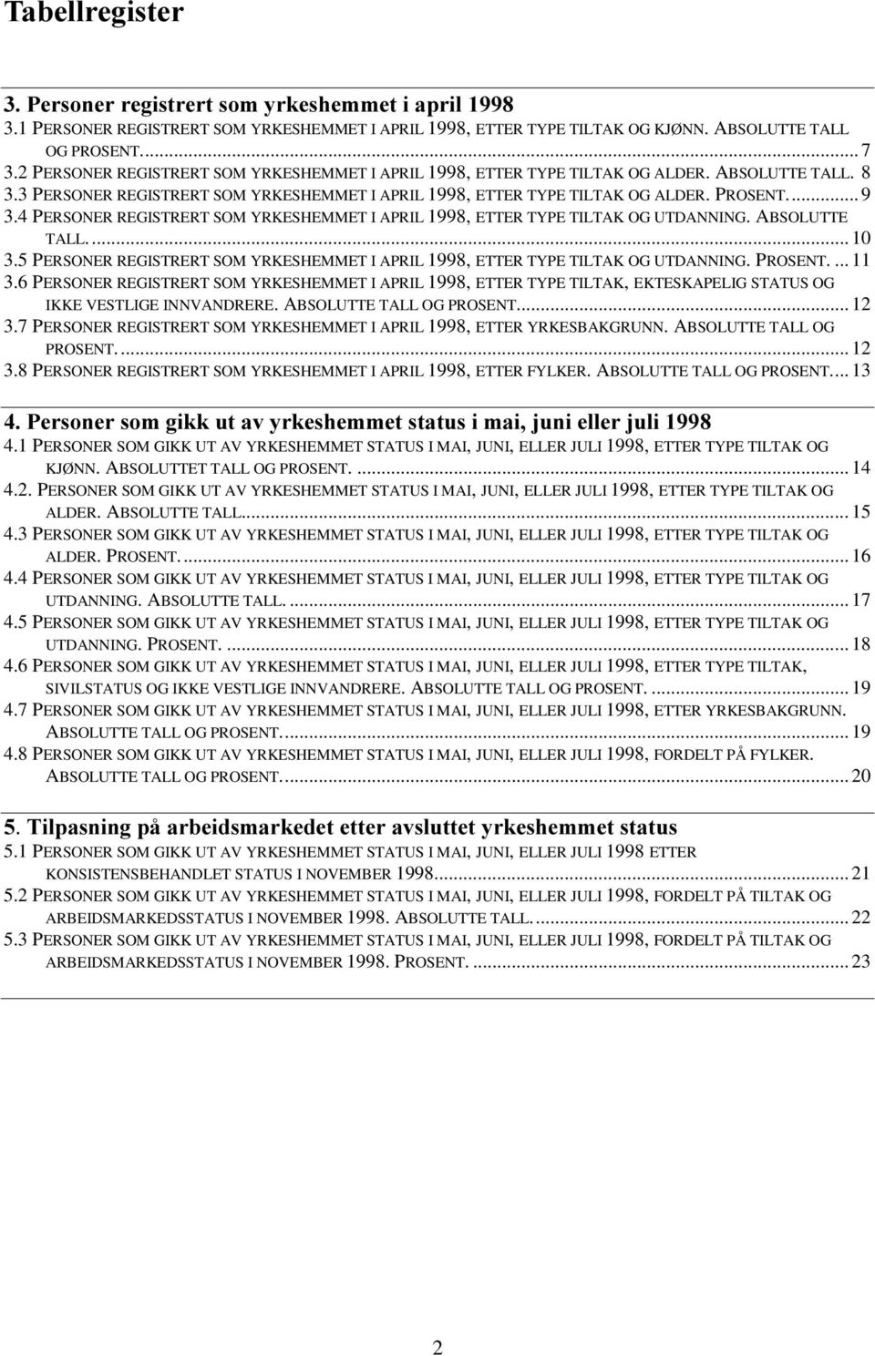 4 PERSONER REGISTRERT SOM YRKESHEMMET I APRIL 1998, ETTER TYPE TILTAK OG UTDANNING. ABSOLUTTE TALL... 10 3.5 PERSONER REGISTRERT SOM YRKESHEMMET I APRIL 1998, ETTER TYPE TILTAK OG UTDANNING. PROSENT.