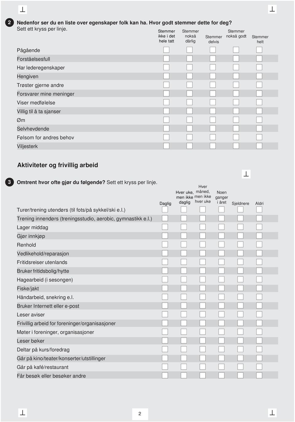 Villig til å ta sjanser Øm Selvhevdende Følsom for andres behov Viljesterk Stemmer helt Aktiviteter og frivillig arbeid 3 Omtrent hvor ofte gjør du følgende? Sett ett kryss per linje.