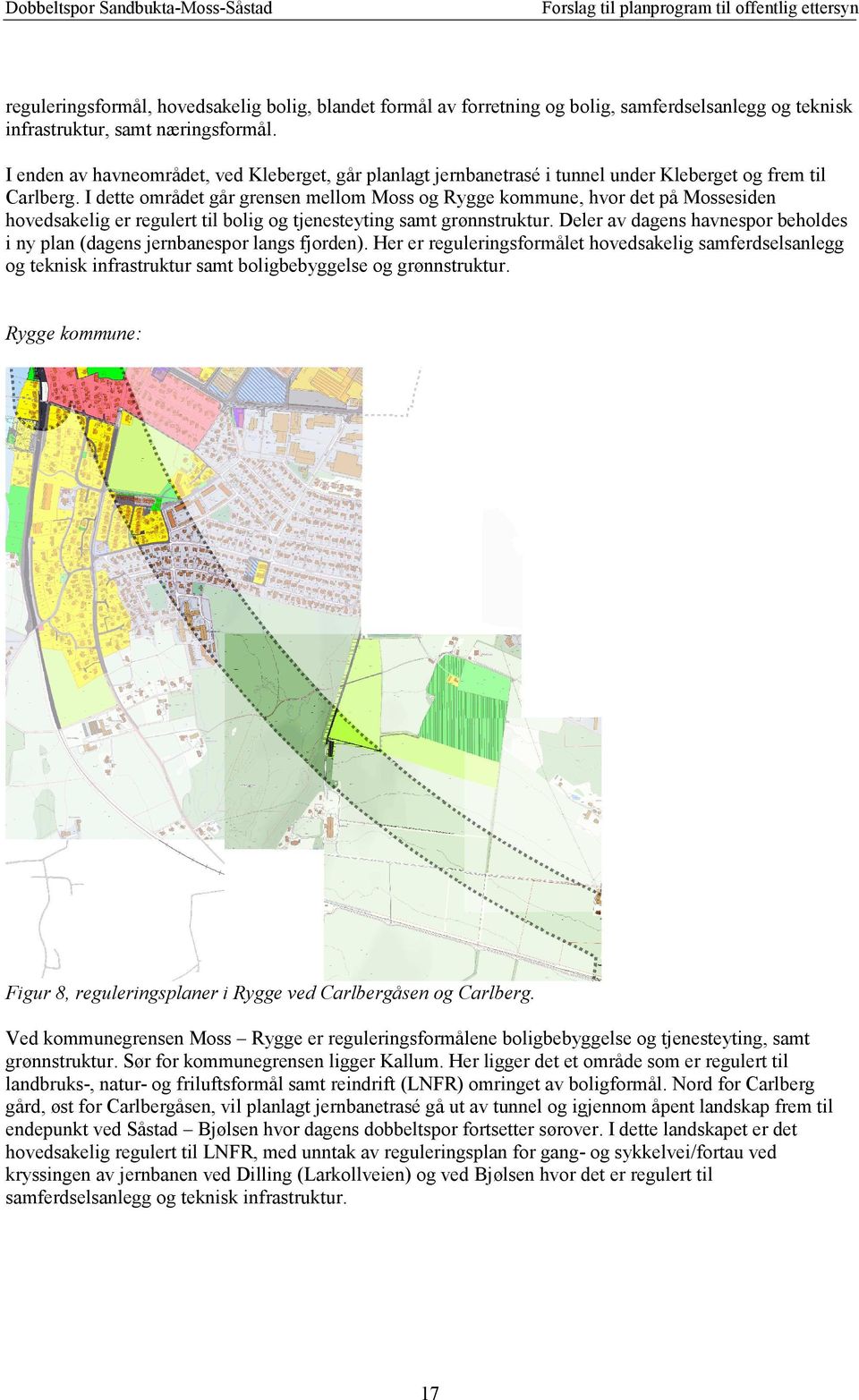 I dette området går grensen mellom Moss og Rygge kommune, hvor det på Mossesiden hovedsakelig er regulert til bolig og tjenesteyting samt grønnstruktur.