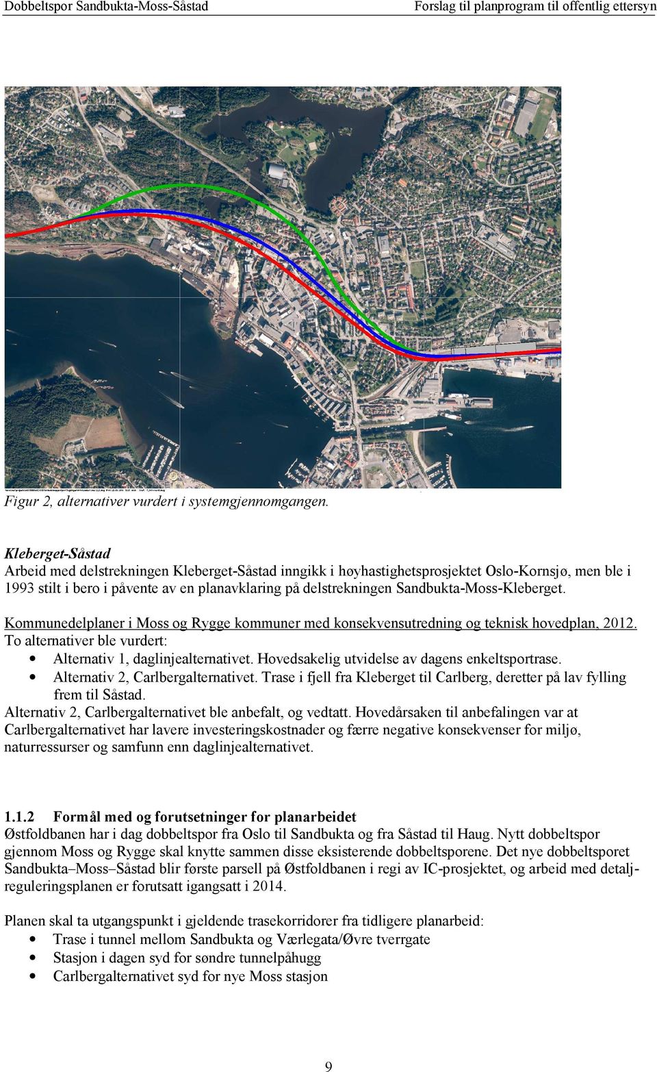 Sandbukta-Moss-Kleberget. Kommunedelplaner i Moss og Rygge kommuner med konsekvensutredning og teknisk hovedplan, 2012. To alternativer ble vurdert: Alternativ 1, daglinjealternativet.