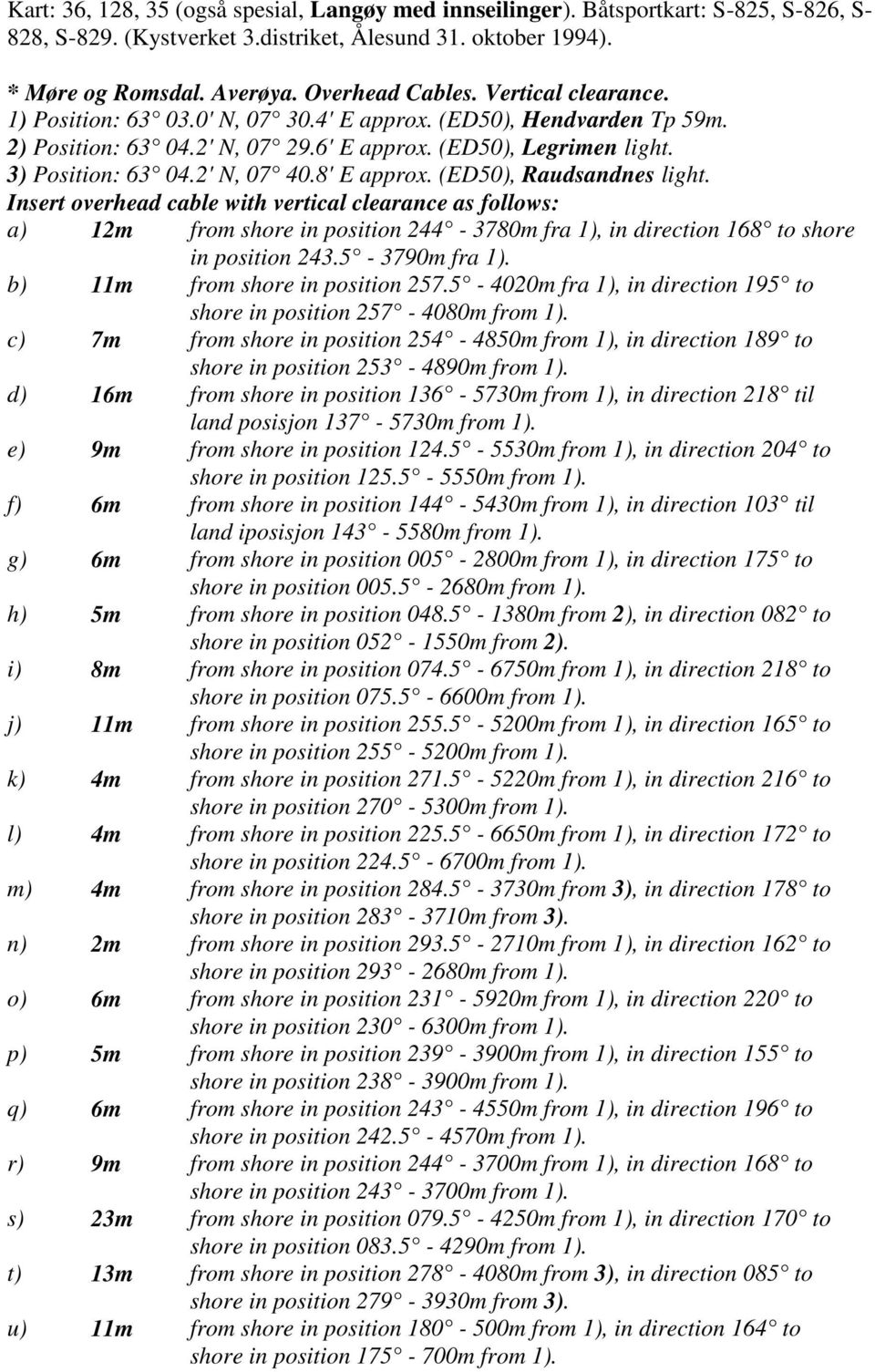 8' E approx. (ED50), Raudsandnes light. Insert overhead cable with vertical clearance as follows: a) 12m from shore in position 244-3780m fra 1), in direction 168 to shore in position 243.