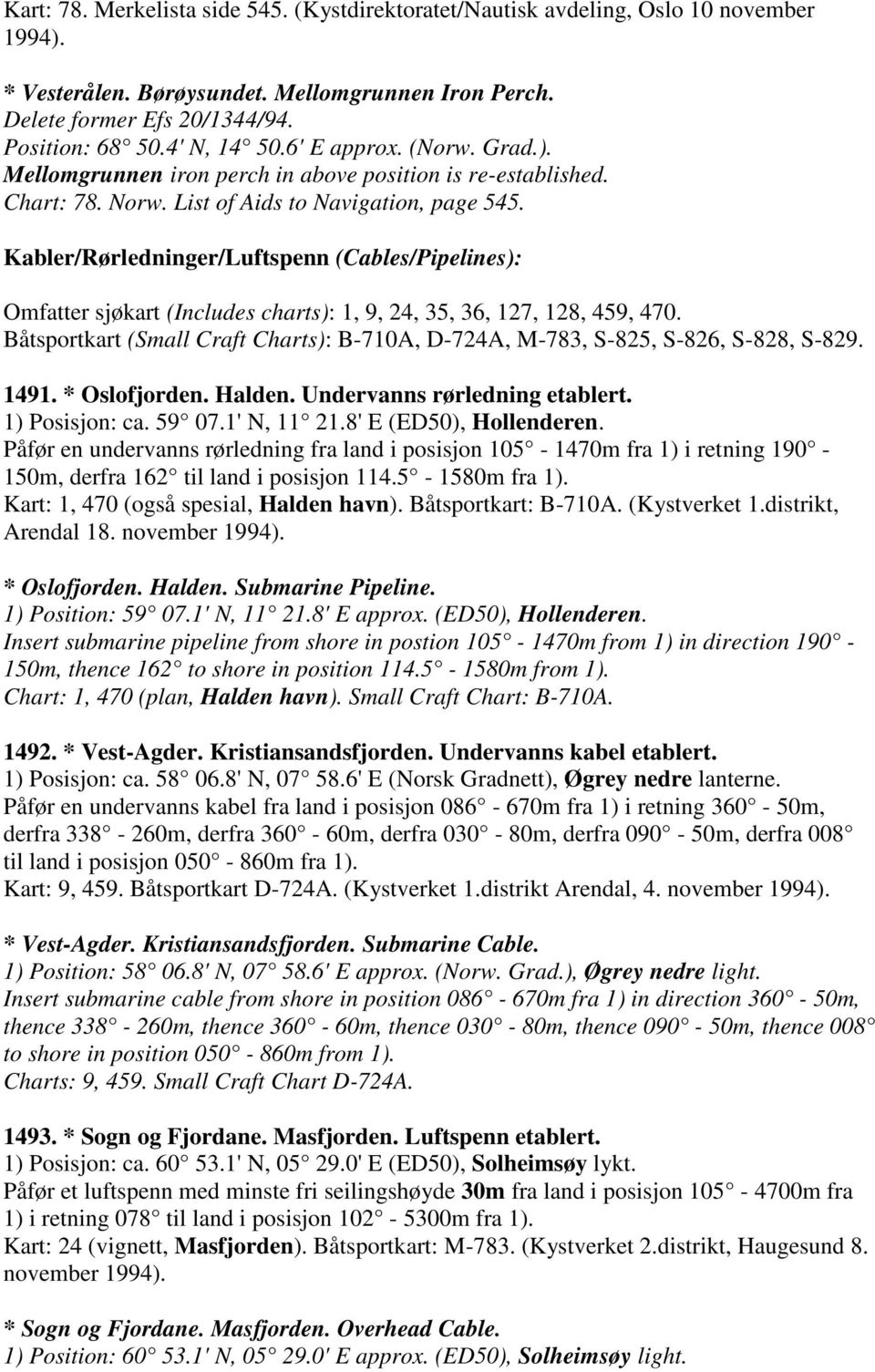 Kabler/Rørledninger/Luftspenn (Cables/Pipelines): Omfatter sjøkart (Includes charts): 1, 9, 24, 35, 36, 127, 128, 459, 470.