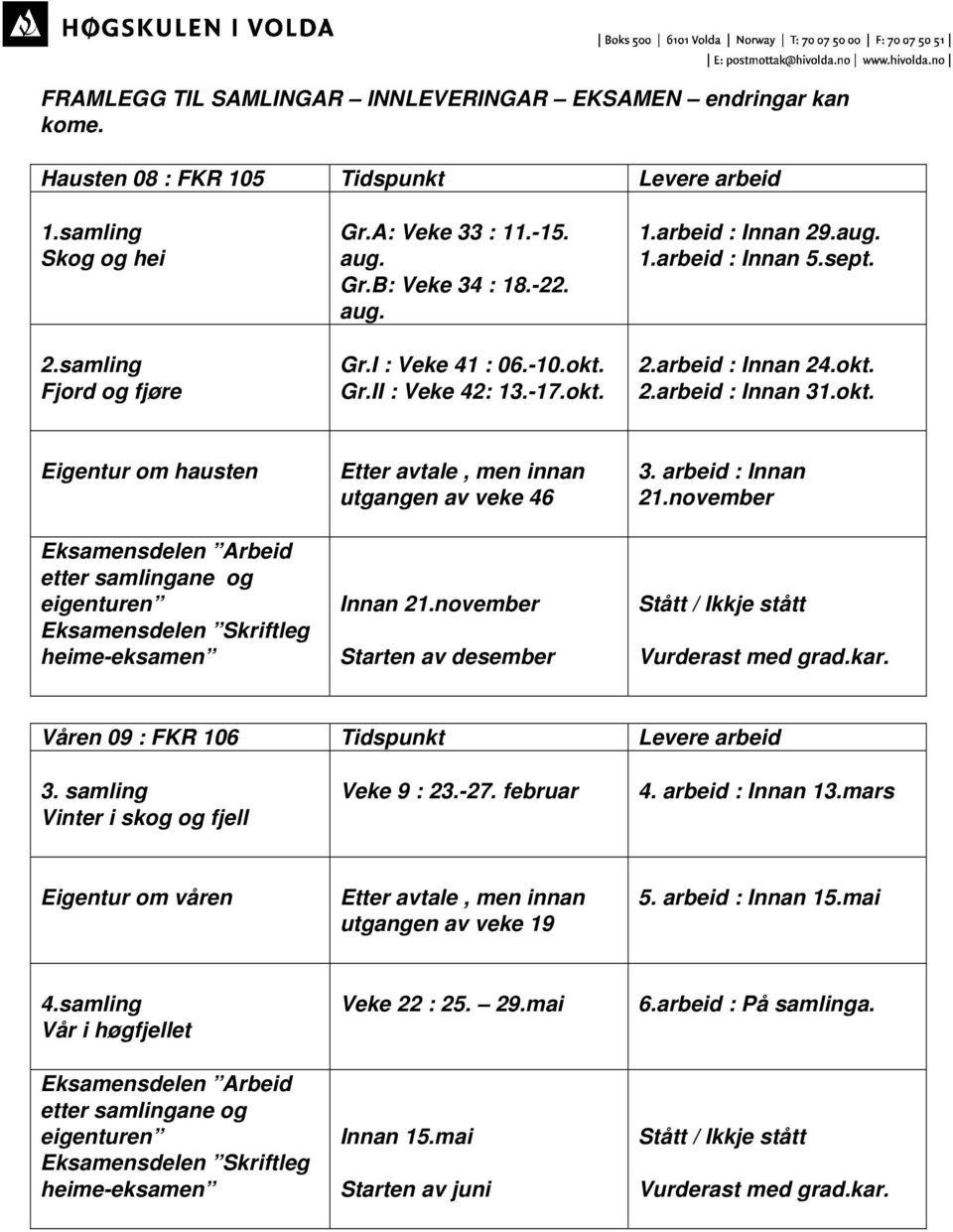 Gr.II : Veke 42: 13.-17.okt. 1.arbeid : Innan 29.aug. 1.arbeid : Innan 5.sept. 2.arbeid : Innan 24.okt. 2.arbeid : Innan 31.okt. Eigentur om hausten Eksamensdelen Arbeid etter samlingane og eigenturen Eksamensdelen Skriftleg heime-eksamen Etter avtale, men innan utgangen av veke 46 Innan 21.