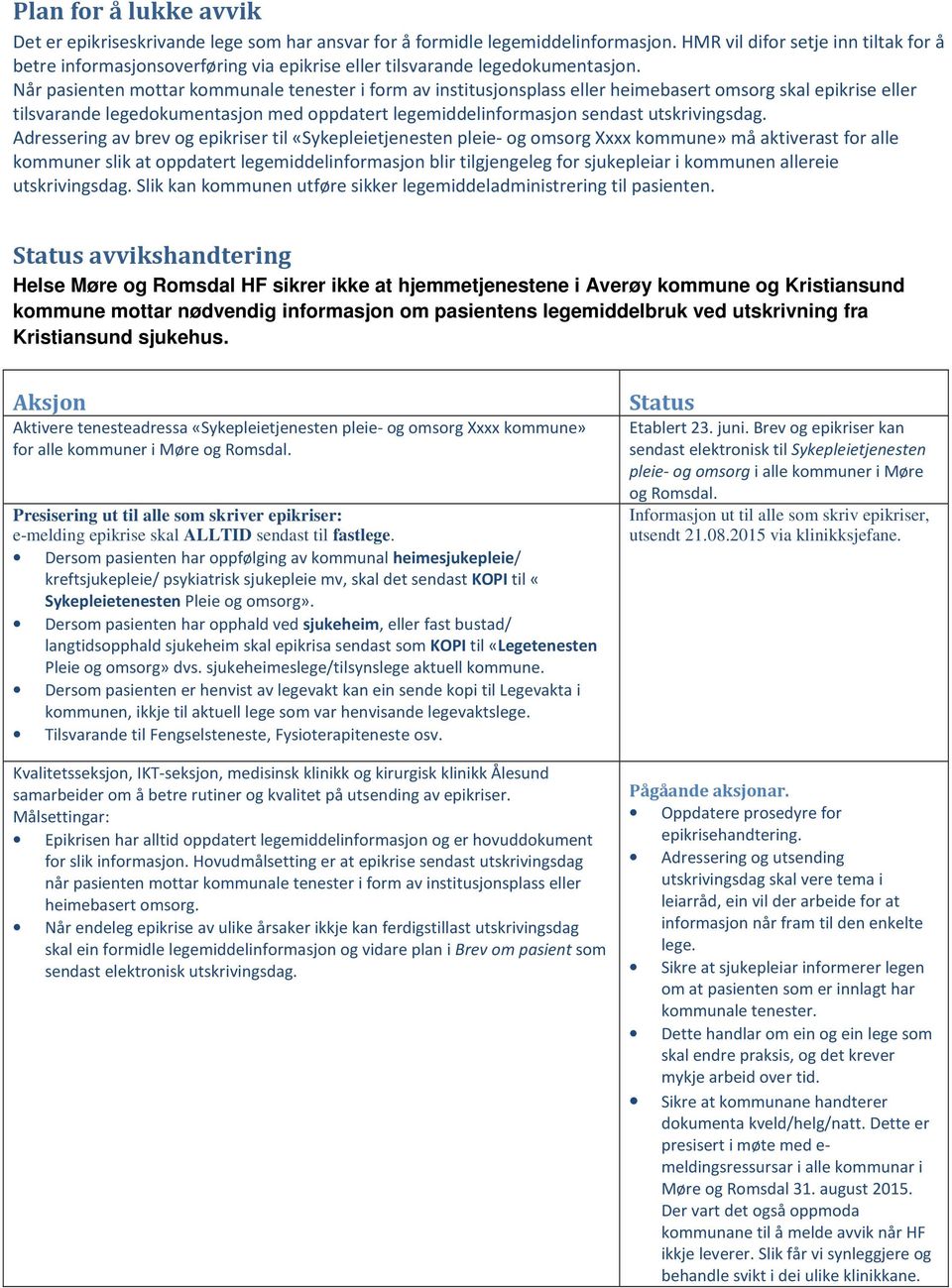 Når pasienten mottar kommunale tenester i form av institusjonsplass eller heimebasert omsorg skal epikrise eller tilsvarande legedokumentasjon med oppdatert legemiddelinformasjon sendast