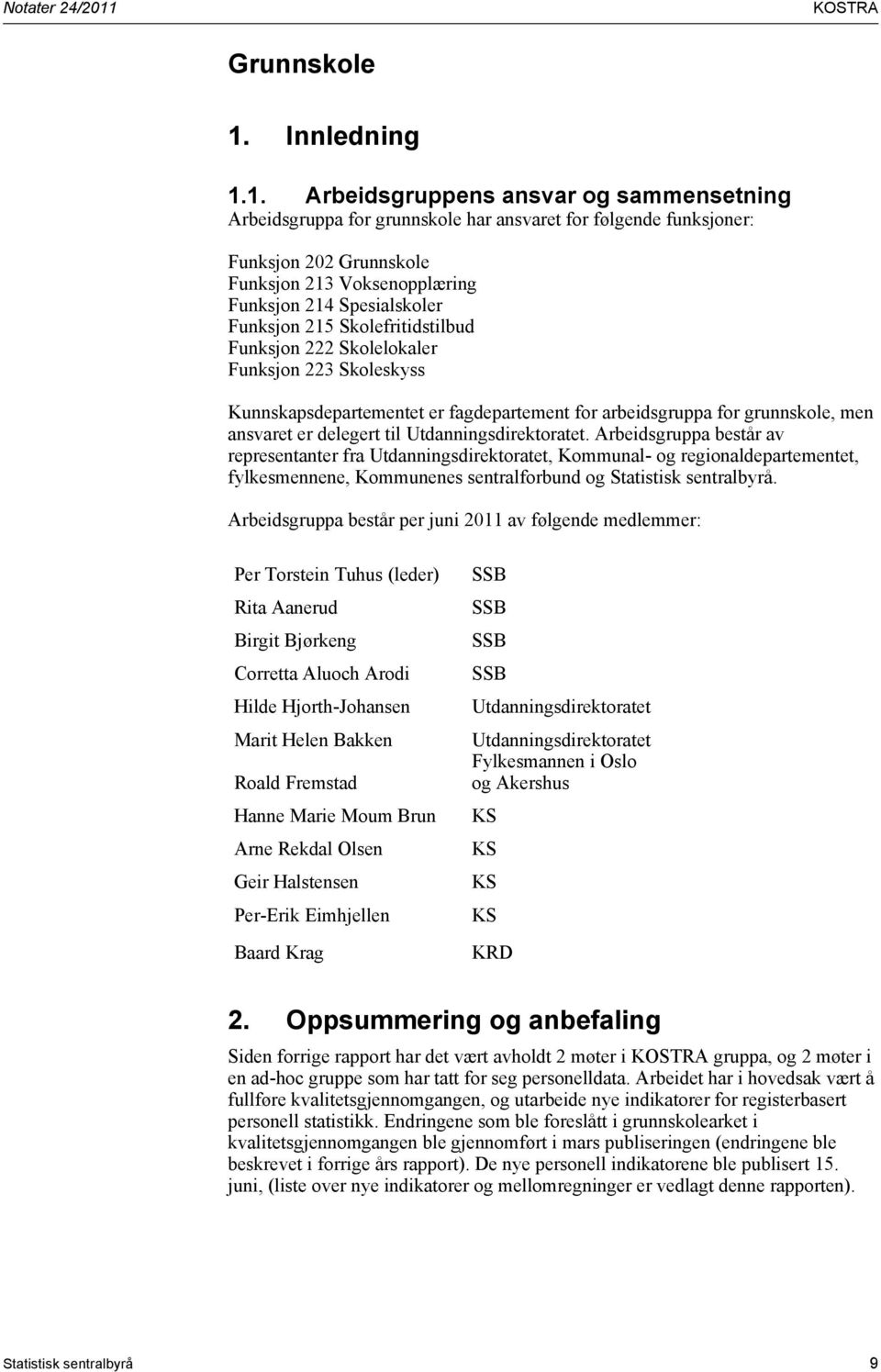 1. Arbeidsgruppens ansvar og sammensetning Arbeidsgruppa for grunnskole har ansvaret for følgende funksjoner: Funksjon 202 Grunnskole Funksjon 213 Voksenopplæring Funksjon 214 Spesialskoler Funksjon