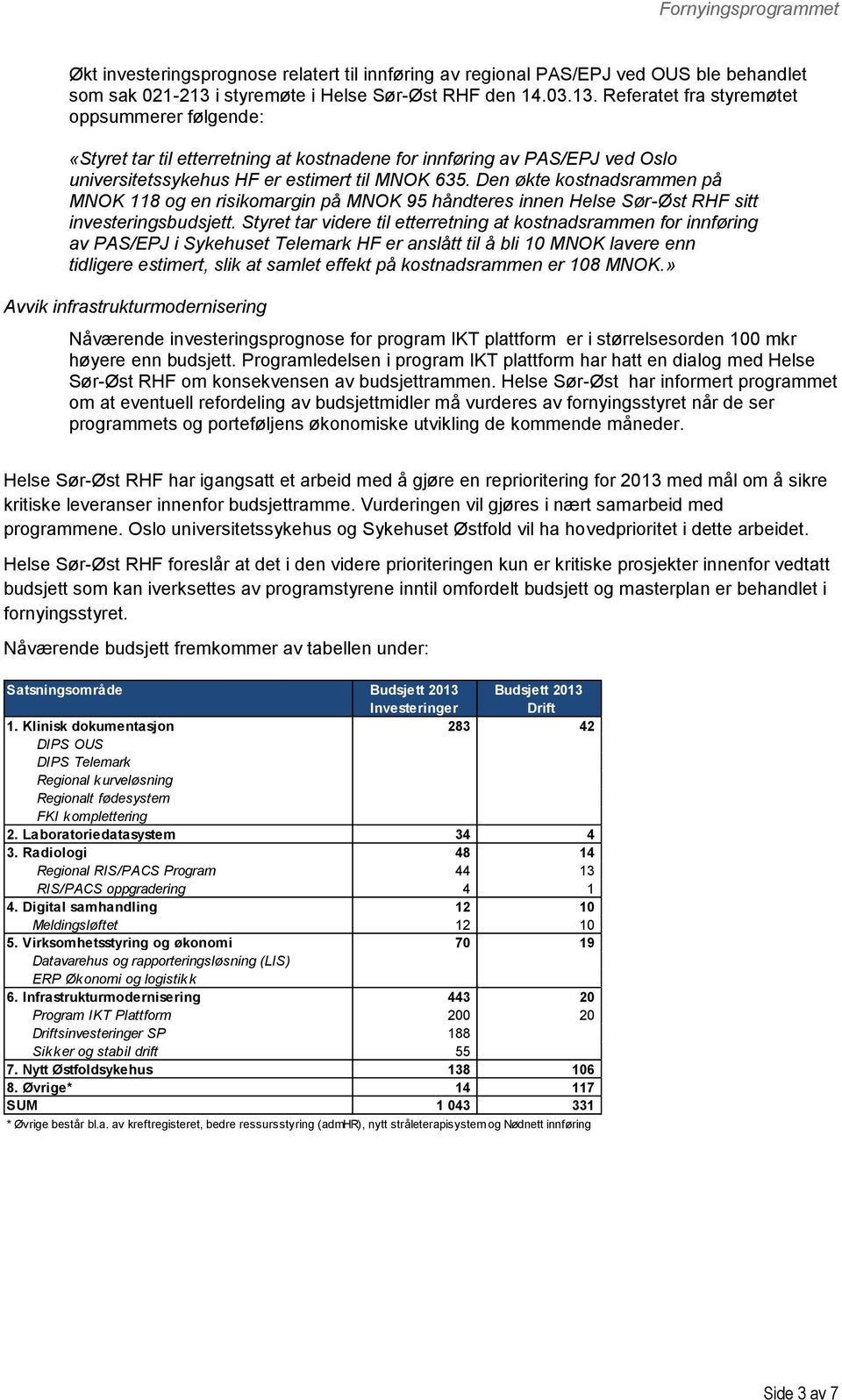 Referatet fra styremøtet ppsummerer følgende: «Styret tar til etterretning at kstnadene fr innføring av PAS/EPJ ved Osl universitetssykehus HF er estimert til MNOK 635.