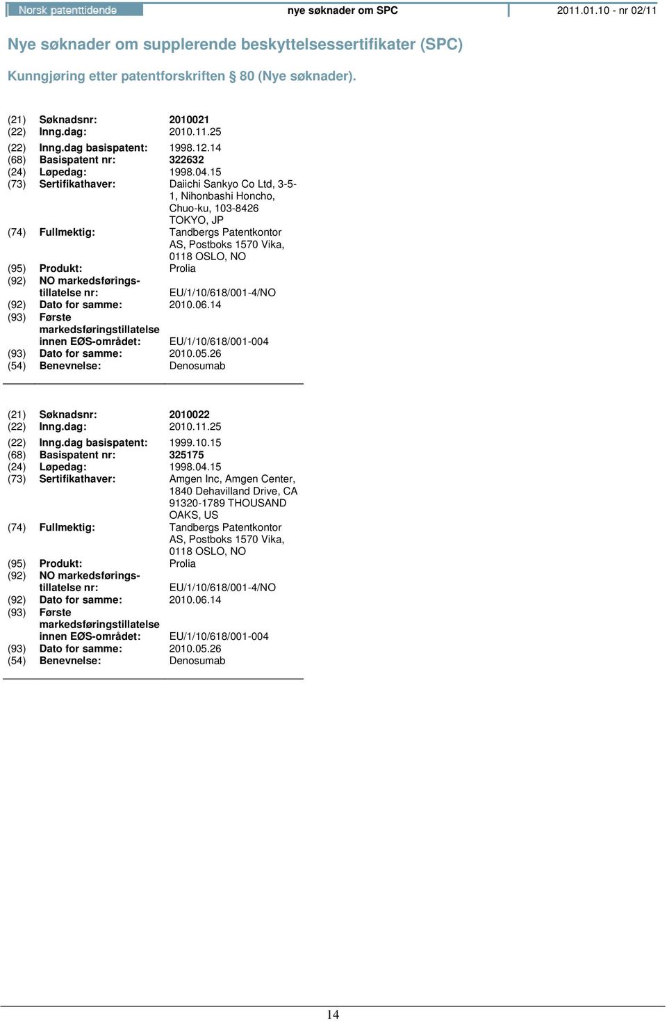 15 (73) Sertifikathaver: Daiichi Sankyo Co Ltd, 3-5- 1, Nihonbashi Honcho, Chuo-ku, 103-8426 TOKYO, JP : Tandbergs Patentkontor AS, Postboks 1570 Vika, 0118 OSLO, (95) Produkt: Prolia (92)