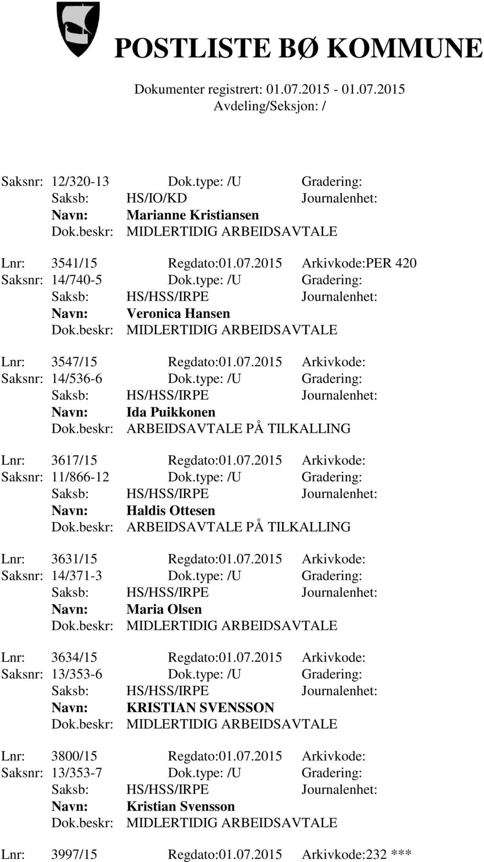 beskr: ARBEIDSAVTALE PÅ TILKALLING Lnr: 3617/15 Regdato:01.07.2015 Arkivkode: Saksnr: 11/866-12 Dok.type: /U Gradering: Navn: Haldis Ottesen Dok.