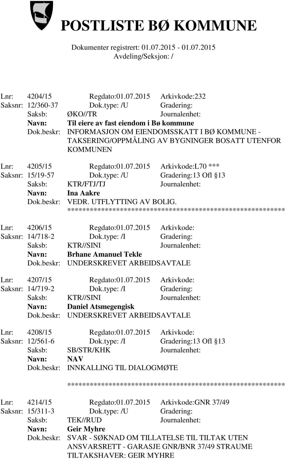 type: /U Gradering:13 Ofl 13 Navn: Ina Aakre Dok.beskr: VEDR. UTFLYTTING AV BOLIG. Lnr: 4206/15 Regdato:01.07.2015 Arkivkode: Saksnr: 14/718-2 Dok.