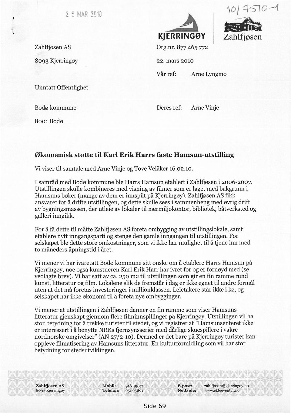 Vinje og Tove Veiåker 16.02.10. I samråd med Bodø kommune ble Harrs Hamsun etablert i Zahlfjøsen i 2006-2007.