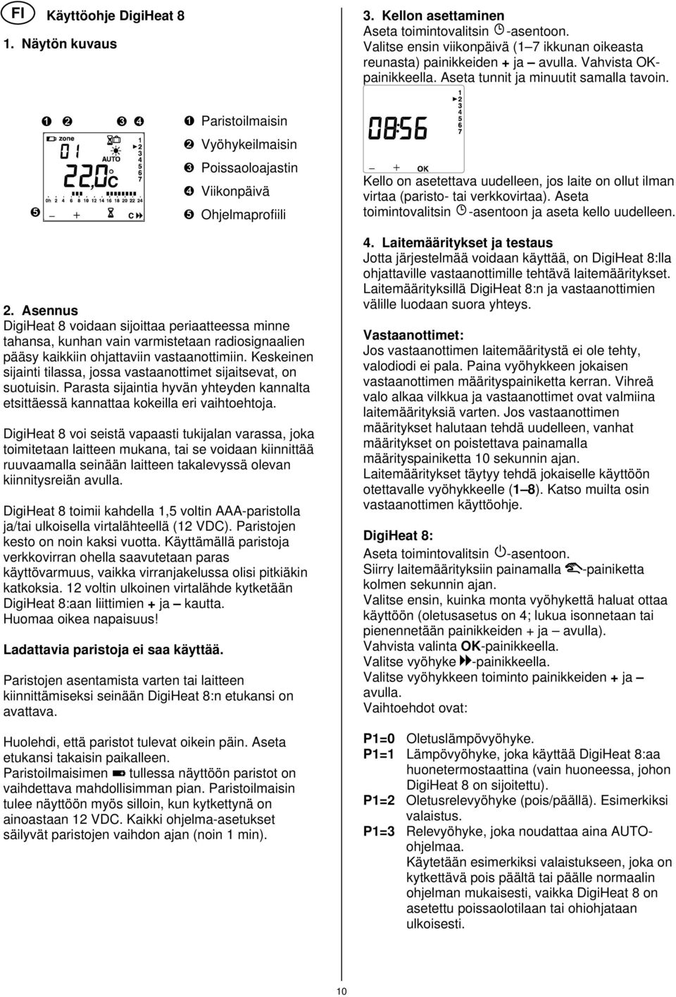 ➎ ➊ ➋ ➌ ➍ ➊ Paristoilmaisin ➋ Vyöhykeilmaisin ➌ Poissaoloajastin ➍ Viikonpäivä ➎ Ohjelmaprofiili Kello on asetettava uudelleen, jos laite on ollut ilman virtaa (paristo- tai verkkovirtaa).