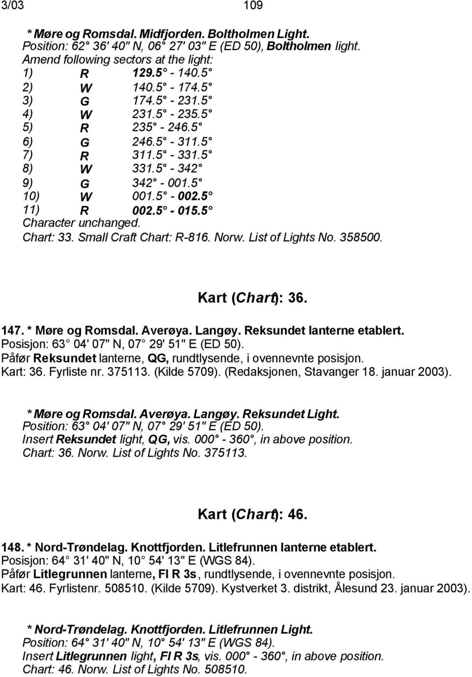 Small Craft Chart: R-816. Norw. List of Lights No. 358500. Kart (Chart): 36. 147. * Møre og Romsdal. Averøya. Langøy. Reksundet lanterne etablert. Posisjon: 63 04' 07" N, 07 29' 51" E (ED 50).