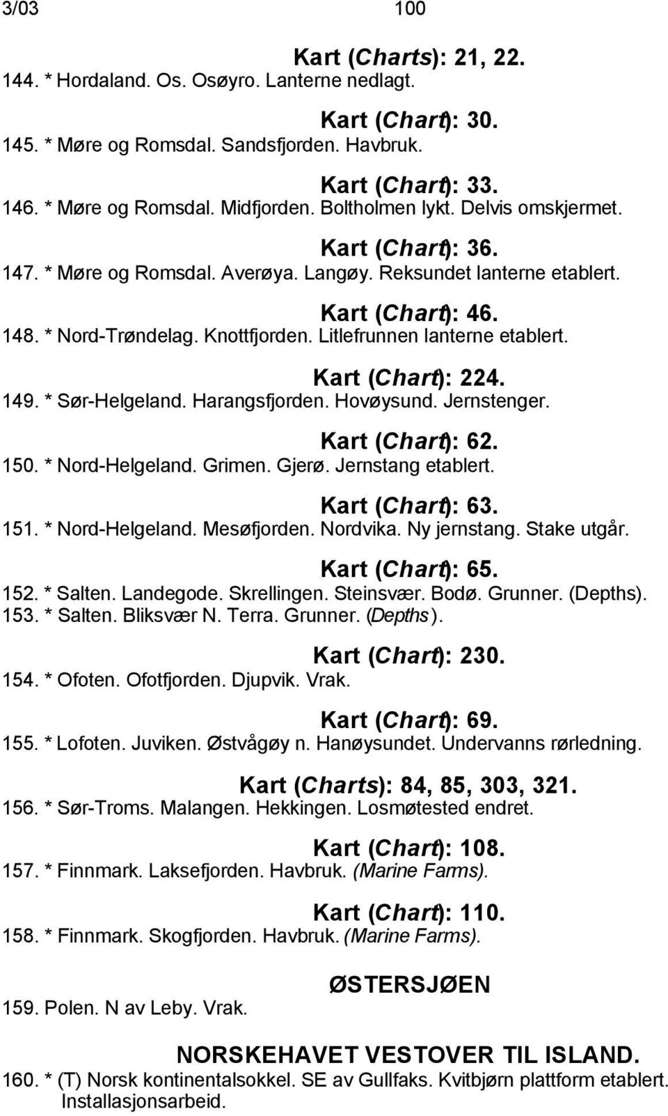 Litlefrunnen lanterne etablert. Kart (Chart): 224. 149. * Sør-Helgeland. Harangsfjorden. Hovøysund. Jernstenger. Kart (Chart): 62. 150. * Nord-Helgeland. Grimen. Gjerø. Jernstang etablert.