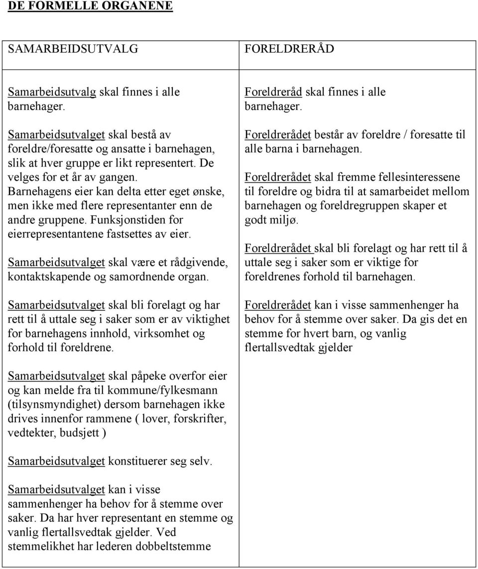 Funksjonstiden for eierrepresentantene fastsettes av eier. Samarbeidsutvalget skal være et rådgivende, kontaktskapende og samordnende organ.