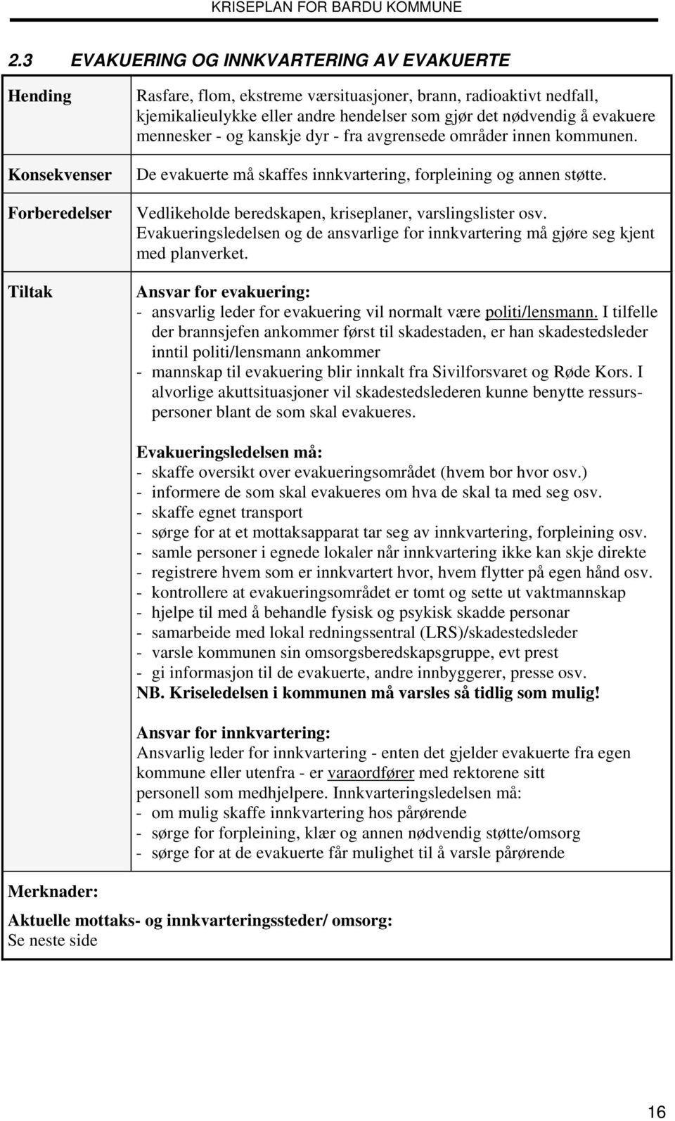 Vedlikeholde beredskapen, kriseplaner, varslingslister osv. Evakueringsledelsen og de ansvarlige for innkvartering må gjøre seg kjent med planverket.