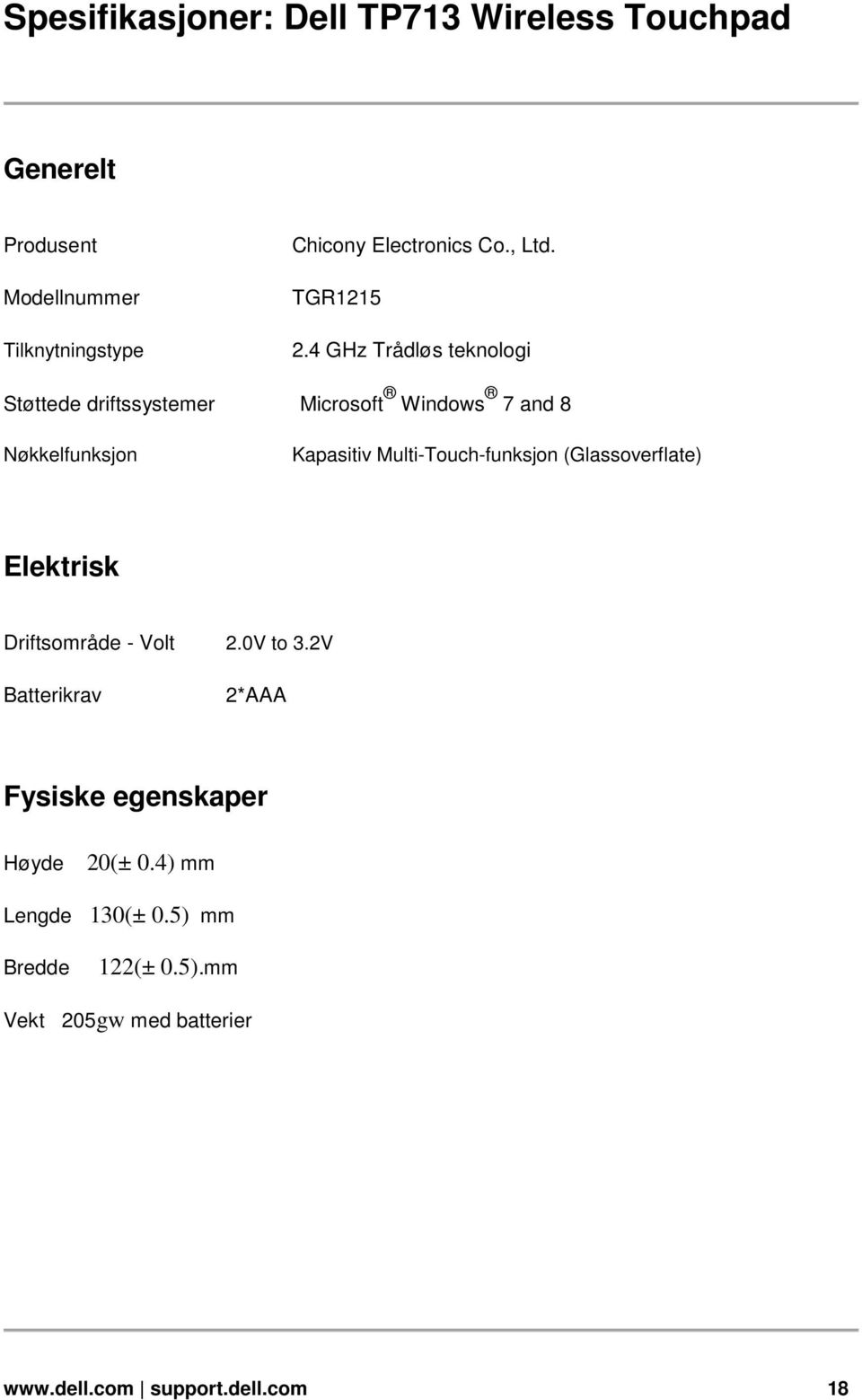 4 GHz Trådløs teknologi Støttede driftssystemer Microsoft Windows 7 and 8 Nøkkelfunksjon Kapasitiv