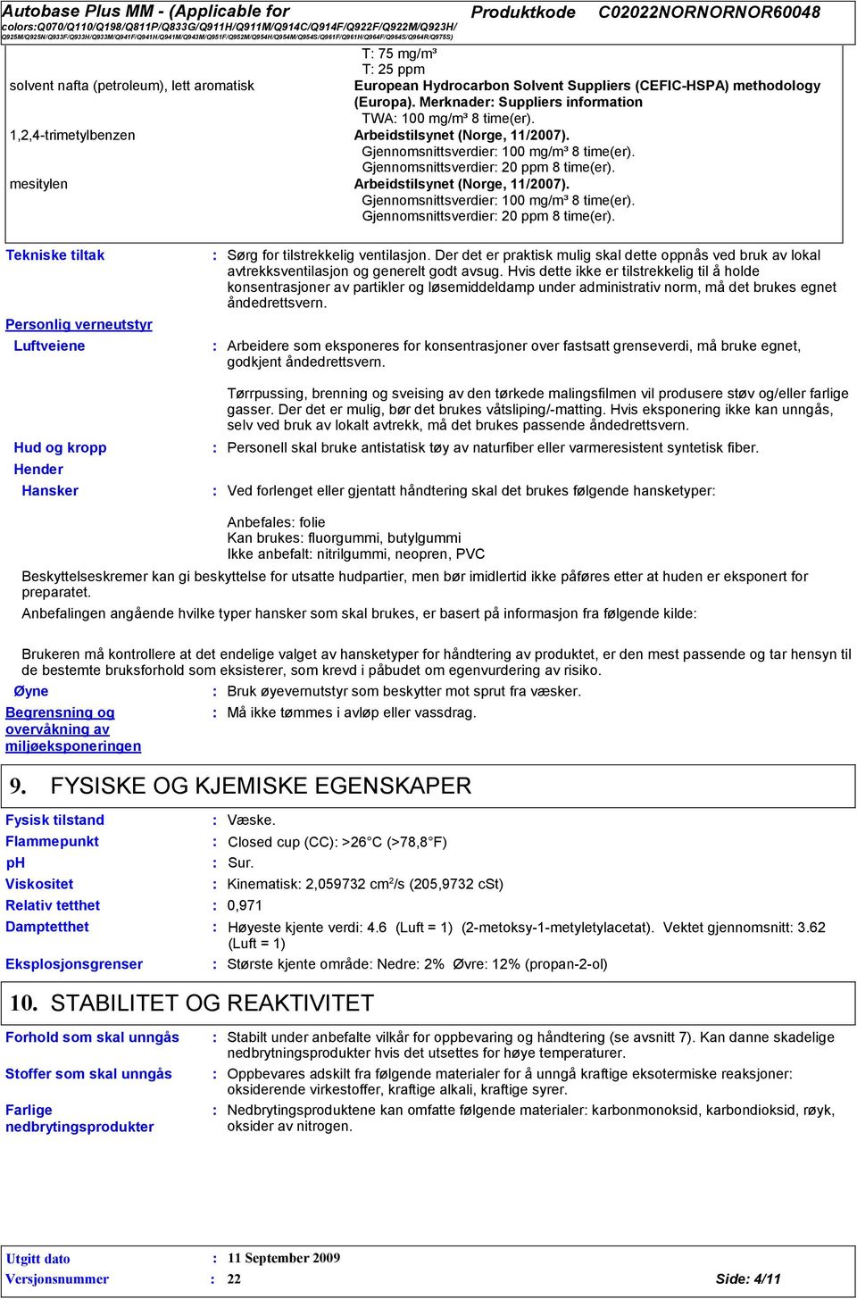 Gjennomsnittsverdier 20 ppm 8 time(er). mesitylen Arbeidstilsynet (Norge, 11/2007). Gjennomsnittsverdier 100 mg/m³ 8 time(er). Gjennomsnittsverdier 20 ppm 8 time(er).