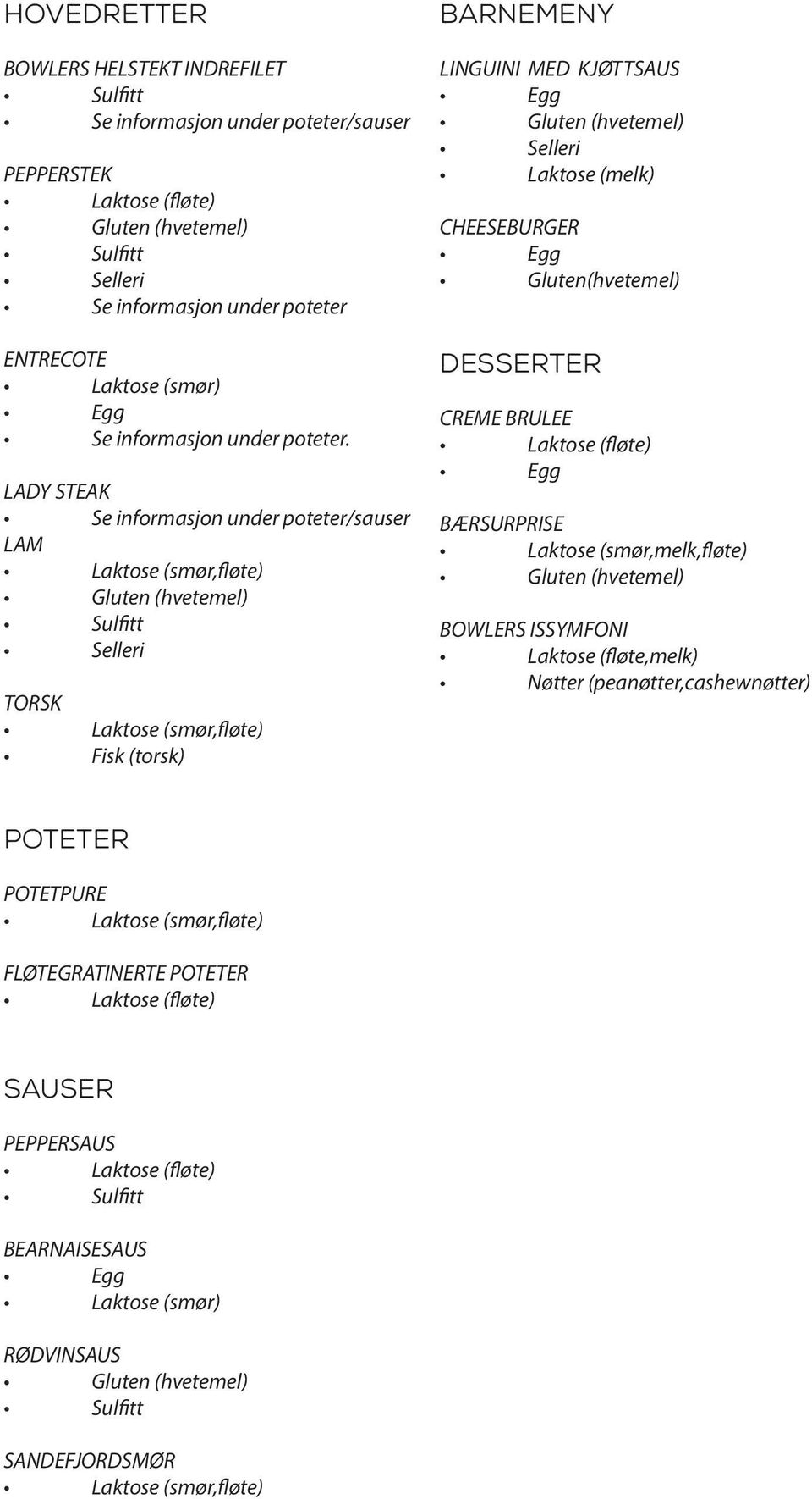 LADY STEAK Se informasjon under poteter/sauser LAM Laktose (smør,fløte) Selleri TORSK Laktose (smør,fløte) Fisk (torsk) Barnemeny LINGUINI MED KJØTTSAUS Selleri Laktose (melk)