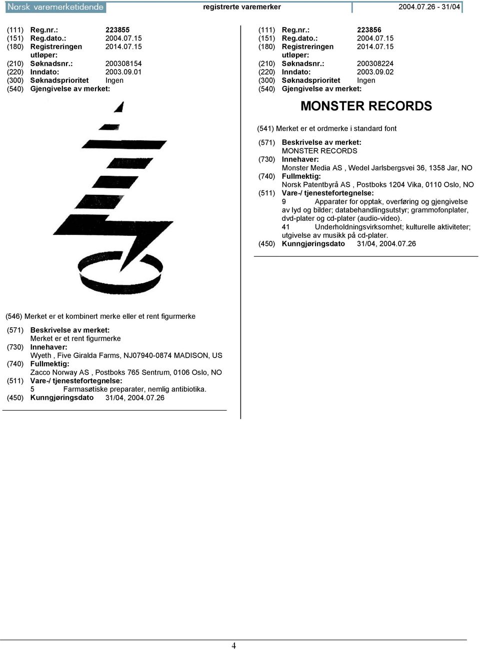 02 MONSTER RECORDS MONSTER RECORDS Monster Media AS, Wedel Jarlsbergsvei 36, 1358 Jar, NO Norsk Patentbyrå AS, Postboks 1204 Vika, 0110 Oslo, NO 9 Apparater for opptak, overføring og gjengivelse av