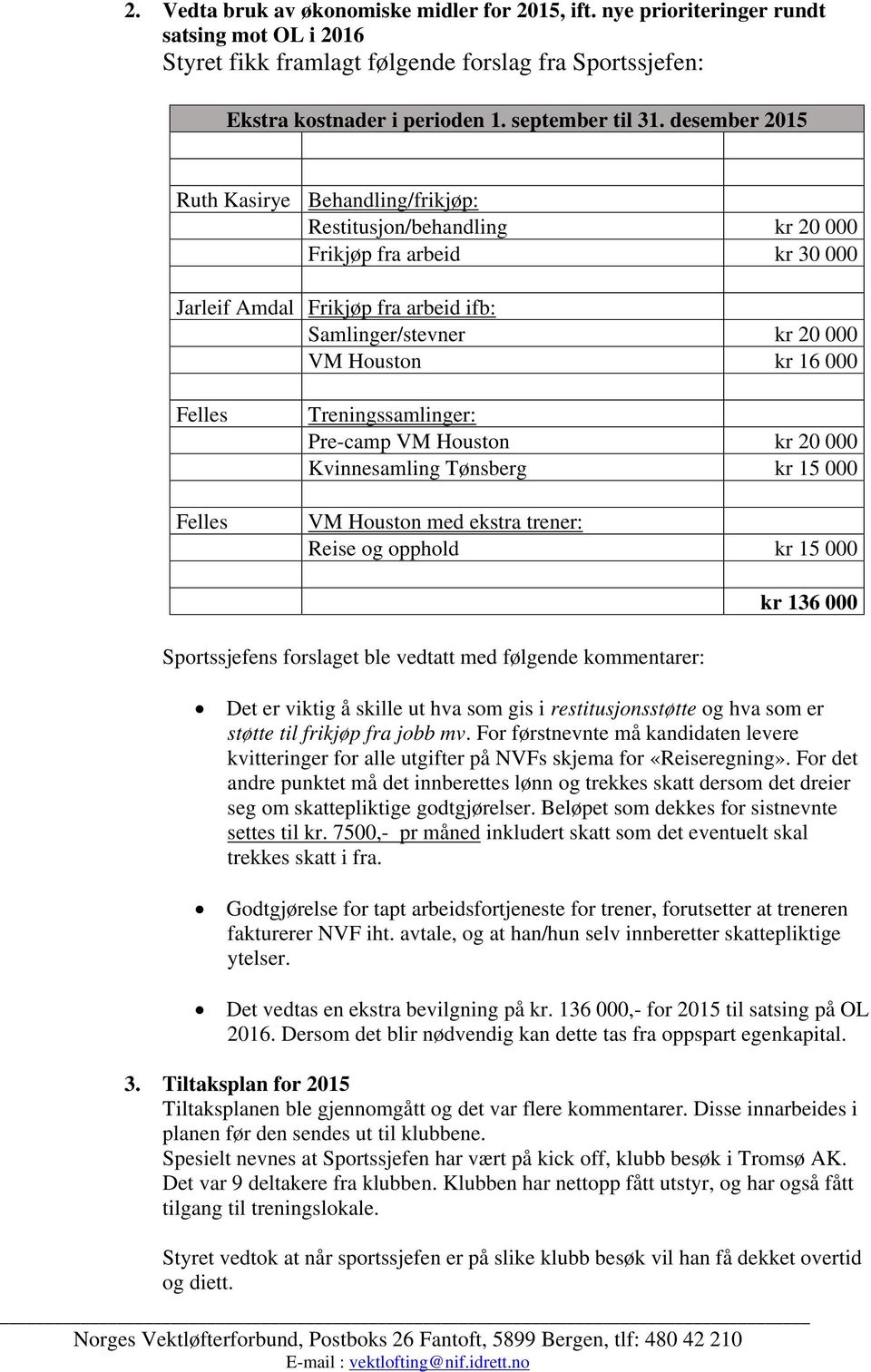 desember 2015 Ruth Kasirye Behandling/frikjøp: Restitusjon/behandling kr 20 000 Frikjøp fra arbeid kr 30 000 Jarleif Amdal Frikjøp fra arbeid ifb: Samlinger/stevner kr 20 000 VM Houston kr 16 000