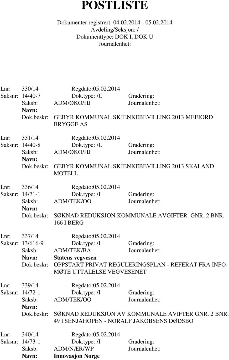 beskr: SØKNAD REDUKSJON KOMMUNALE AVGIFTER GNR. 2 BNR. 166 I BERG Lnr: 337/14 Regdato:05.02.2014 Saksnr: 13/616-9 Dok.type: /I Gradering: Saksb: ADM/TEK/BA Statens vegvesen Dok.