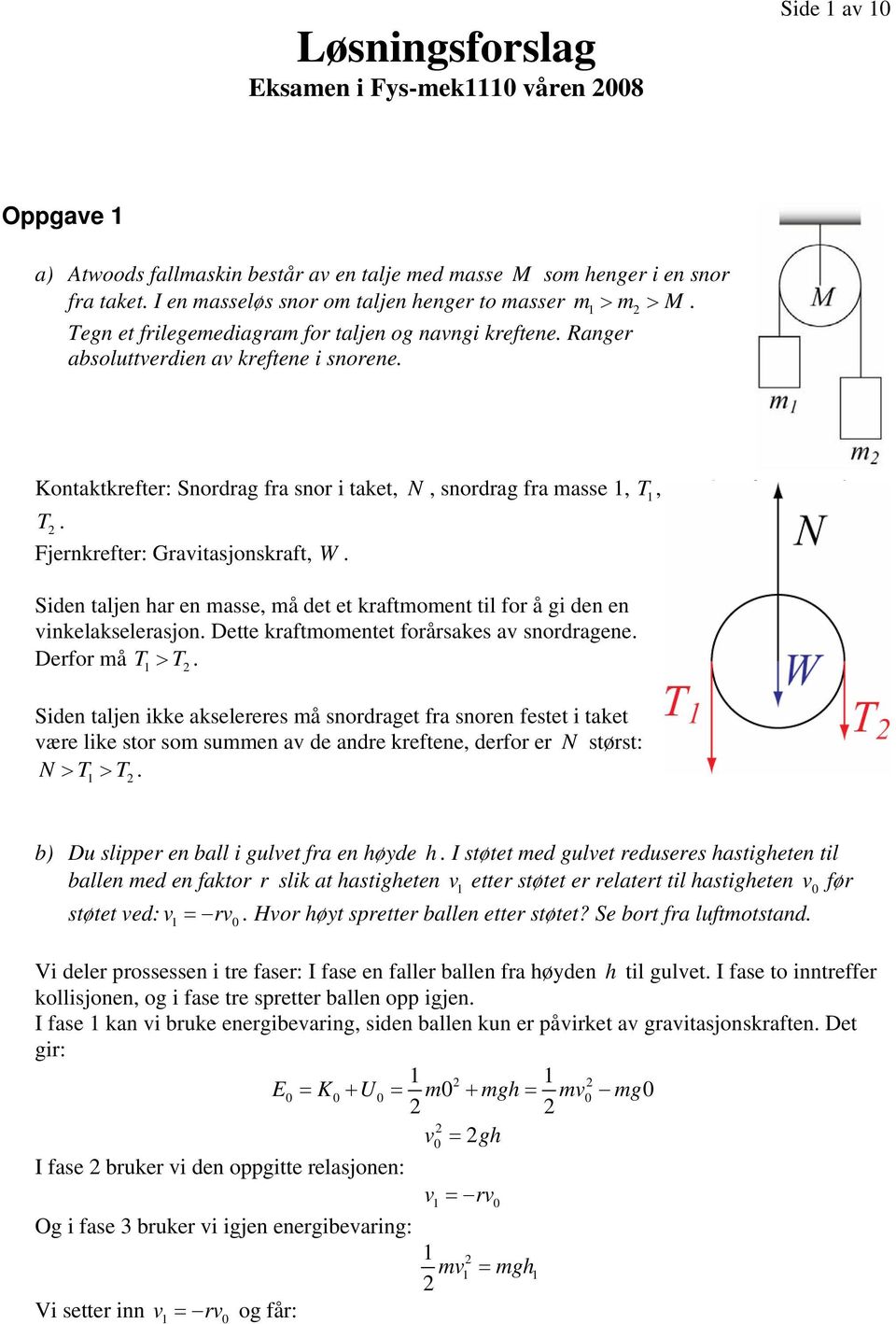 Kontaktkrefter: Snordrag fra snor i taket, N, snordrag fra masse, T, snordrag fra masse, T. Fjernkrefter: Gravitasjonskraft, W.