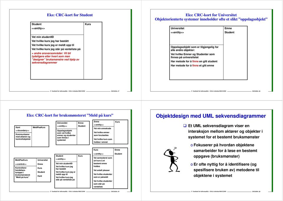andre objekter: Vet hvilke r og er som finnes på universitetet Har metode for å finne en gitt student Har metode for å finne et gitt emne INF1050--17 INF1050--18 <<boundary>> Kommuniserer med aktøren
