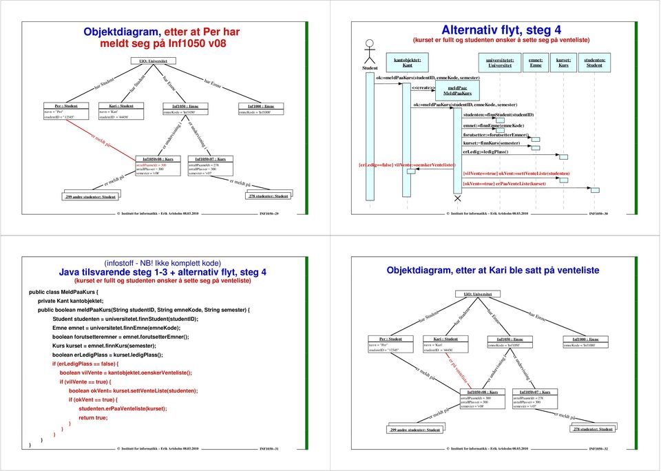 er undervisning i er undervisnin ng i emnet:=finn(emnekode) forutsetter:=forutsetterr() kurset:=finn(semester) erledig:=ledigplass() Inf1050v08 : antallpaameldt = 300 semester = 'v08' Inf1050v07 :