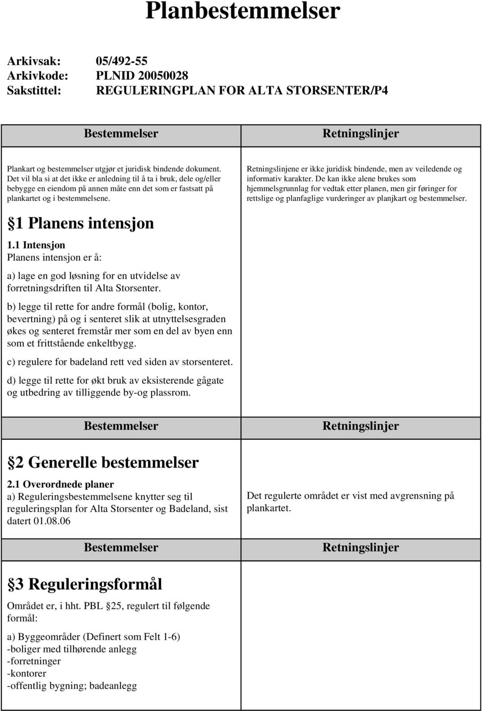 1 Intensjon Planens intensjon er å: a) lage en god løsning for en utvidelse av forretningsdriften til Alta Storsenter.