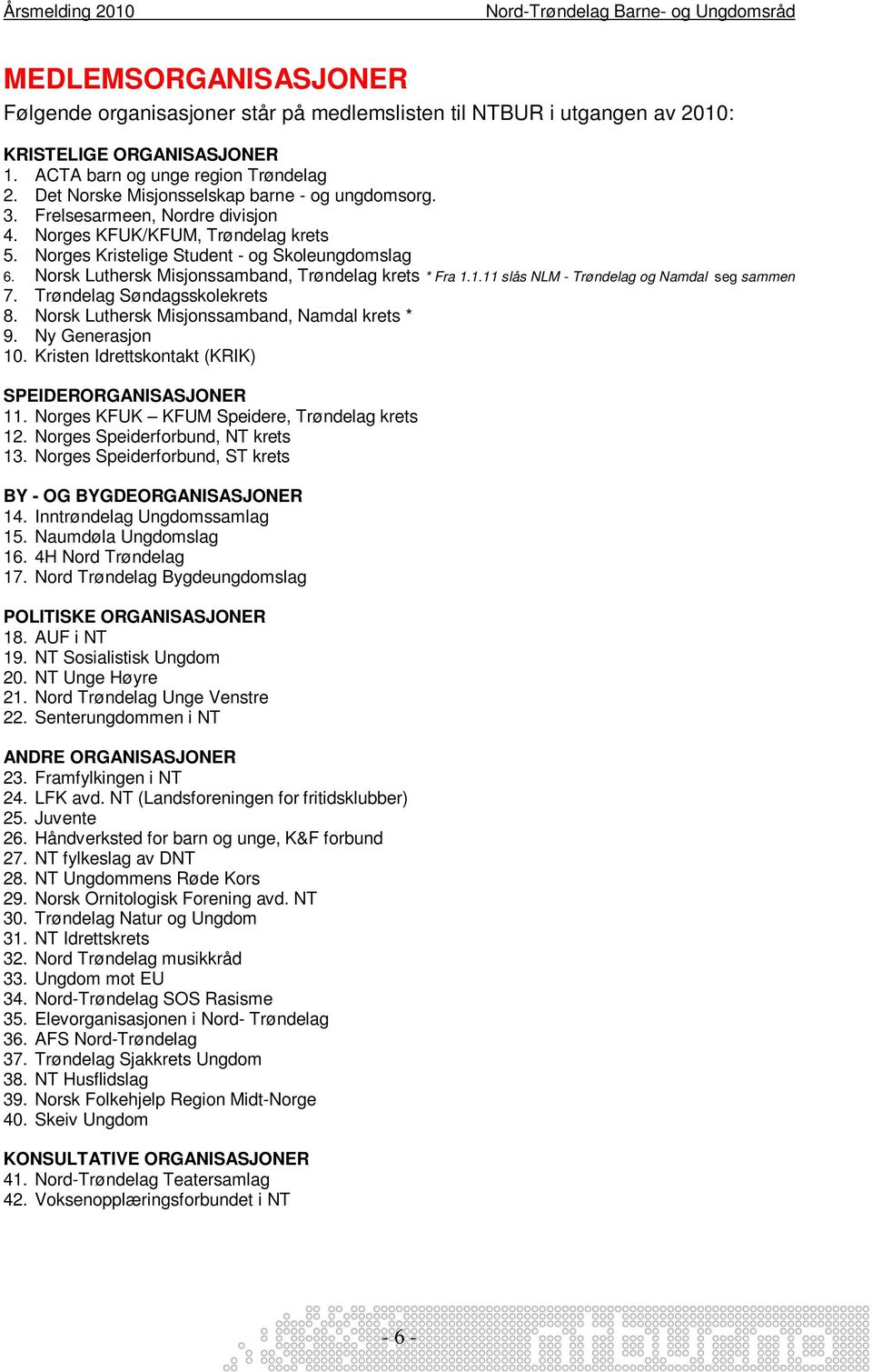 Norsk Luthersk Misjonssamband, Trøndelag krets * Fra 1.1.11 slås NLM - Trøndelag og Namdal seg sammen 7. Trøndelag Søndagsskolekrets 8. Norsk Luthersk Misjonssamband, Namdal krets * 9.