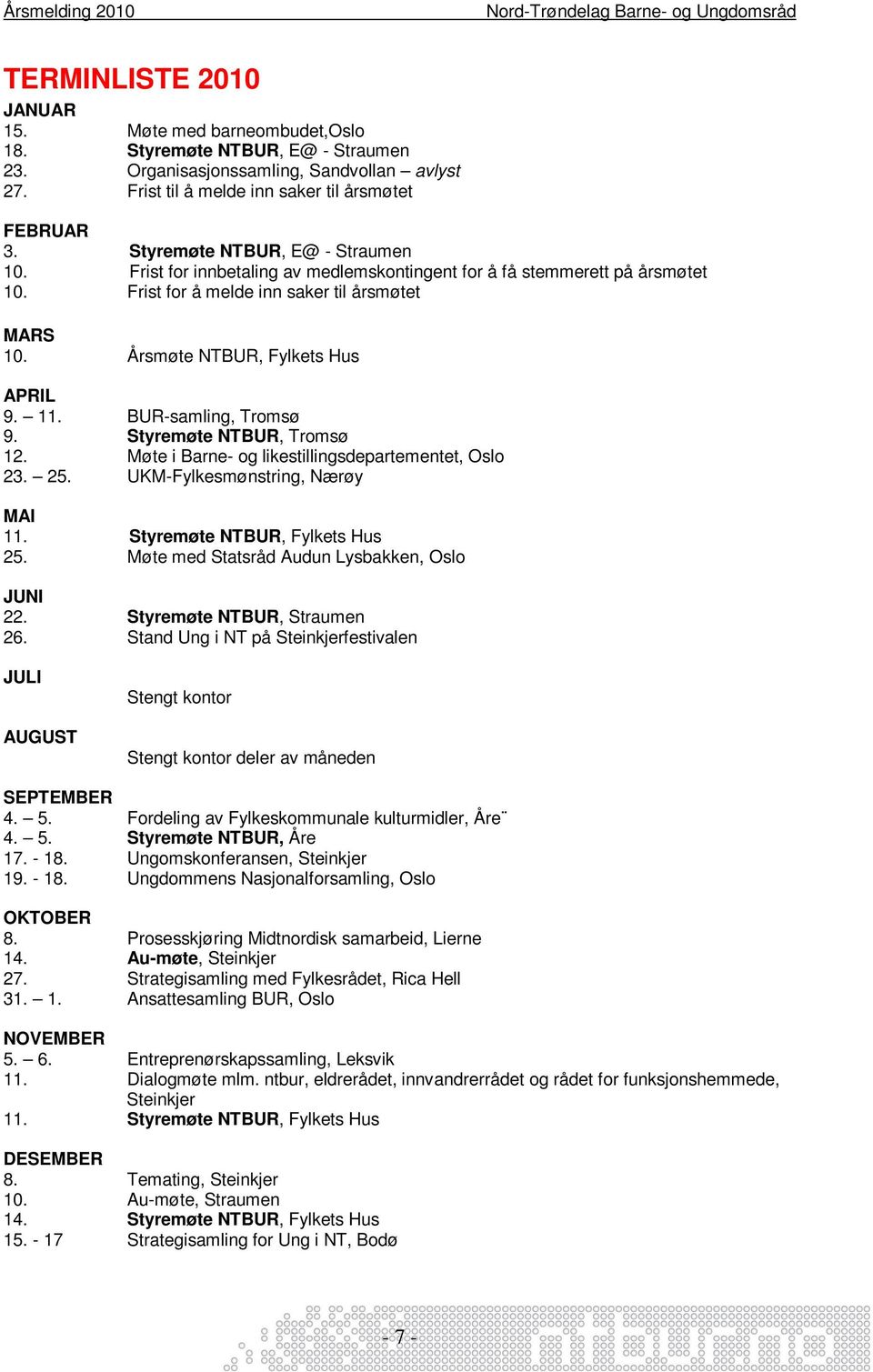11. BUR-samling, Tromsø 9. Styremøte NTBUR, Tromsø 12. Møte i Barne- og likestillingsdepartementet, Oslo 23. 25. UKM-Fylkesmønstring, Nærøy MAI 11. Styremøte NTBUR, Fylkets Hus 25.