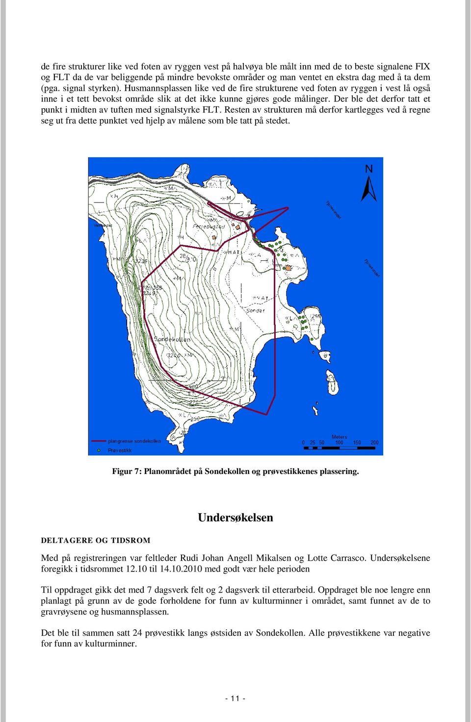 Der ble det derfor tatt et punkt i midten av tuften med signalstyrke FLT. Resten av strukturen må derfor kartlegges ved å regne seg ut fra dette punktet ved hjelp av målene som ble tatt på stedet.