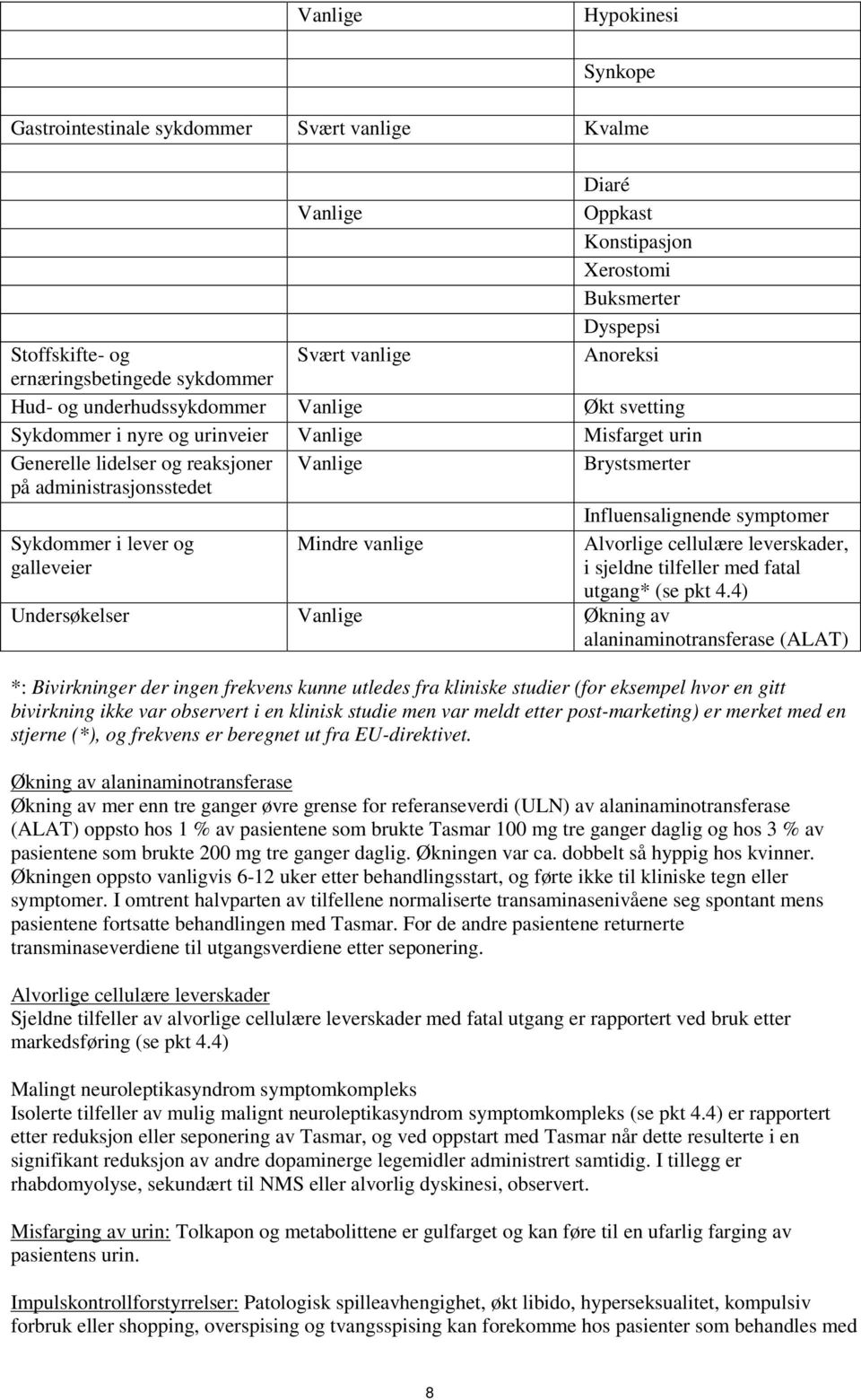 Influensalignende symptomer Sykdommer i lever og galleveier Mindre vanlige Alvorlige cellulære leverskader, i sjeldne tilfeller med fatal utgang* (se pkt 4.