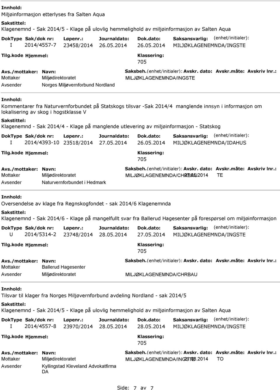 Klagenemnd - Sak 2014/4 - Klage på manglende utlevering av miljøinformasjon - Statskog 2014/4393-10 23518/2014 27.05.2014 MLJØKLAGENEMNDA/DAHS Avs./mottaker: Navn: Saksbeh. Avskr. dato: Avskr.