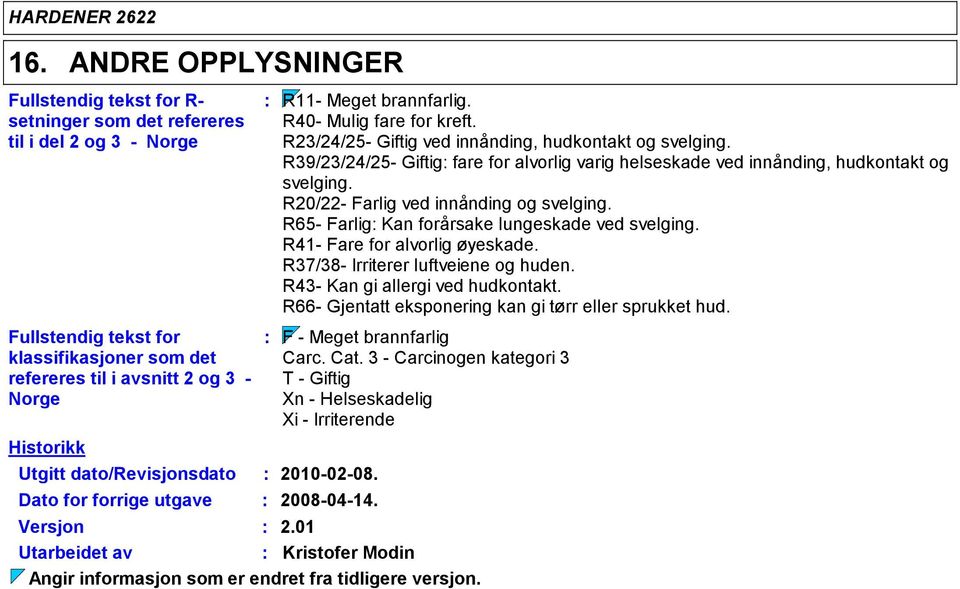 R65- Farlig Kan forårsake lungeskade ved svelging. R41- Fare for alvorlig øyeskade. R37/38- Irriterer luftveiene og huden. R43- Kan gi allergi ved hudkontakt.