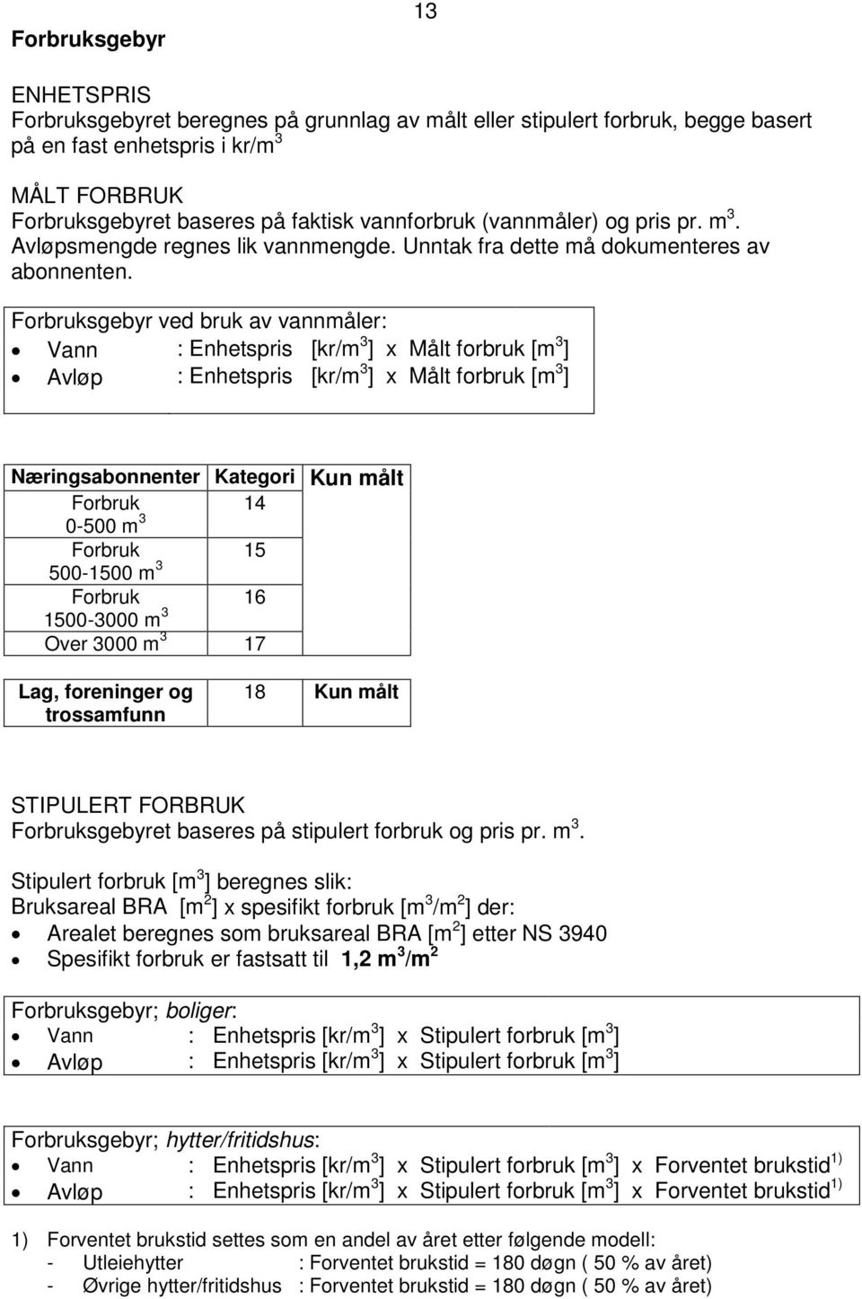 Forbruksgebyr ved bruk av vannmåler: Vann : Enhetspris [kr/m 3 ] x Målt forbruk [m 3 ] Avløp : Enhetspris [kr/m 3 ] x Målt forbruk [m 3 ] Næringsabonnenter Kategori Kun målt Forbruk 0-500 m 3 14