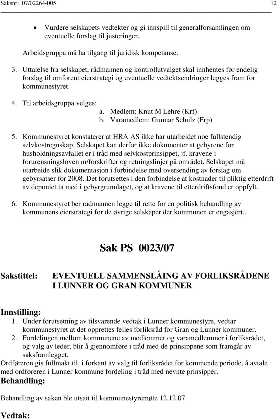 Til arbeidsgruppa velges: a. Medlem: Knut M Lehre (Krf) b. Varamedlem: Gunnar Schulz (Frp) 5. Kommunestyret konstaterer at HRA AS ikke har utarbeidet noe fullstendig selvkostregnskap.