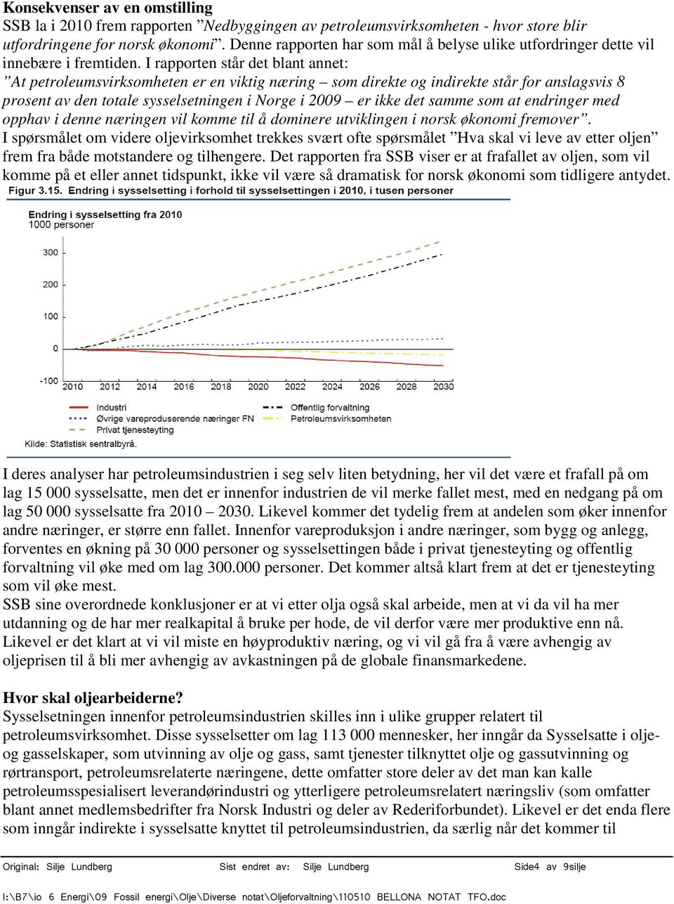 I rapporten står det blant annet: At petroleumsvirksomheten er en viktig næring som direkte og indirekte står for anslagsvis 8 prosent av den totale sysselsetningen i Norge i 2009 er ikke det samme