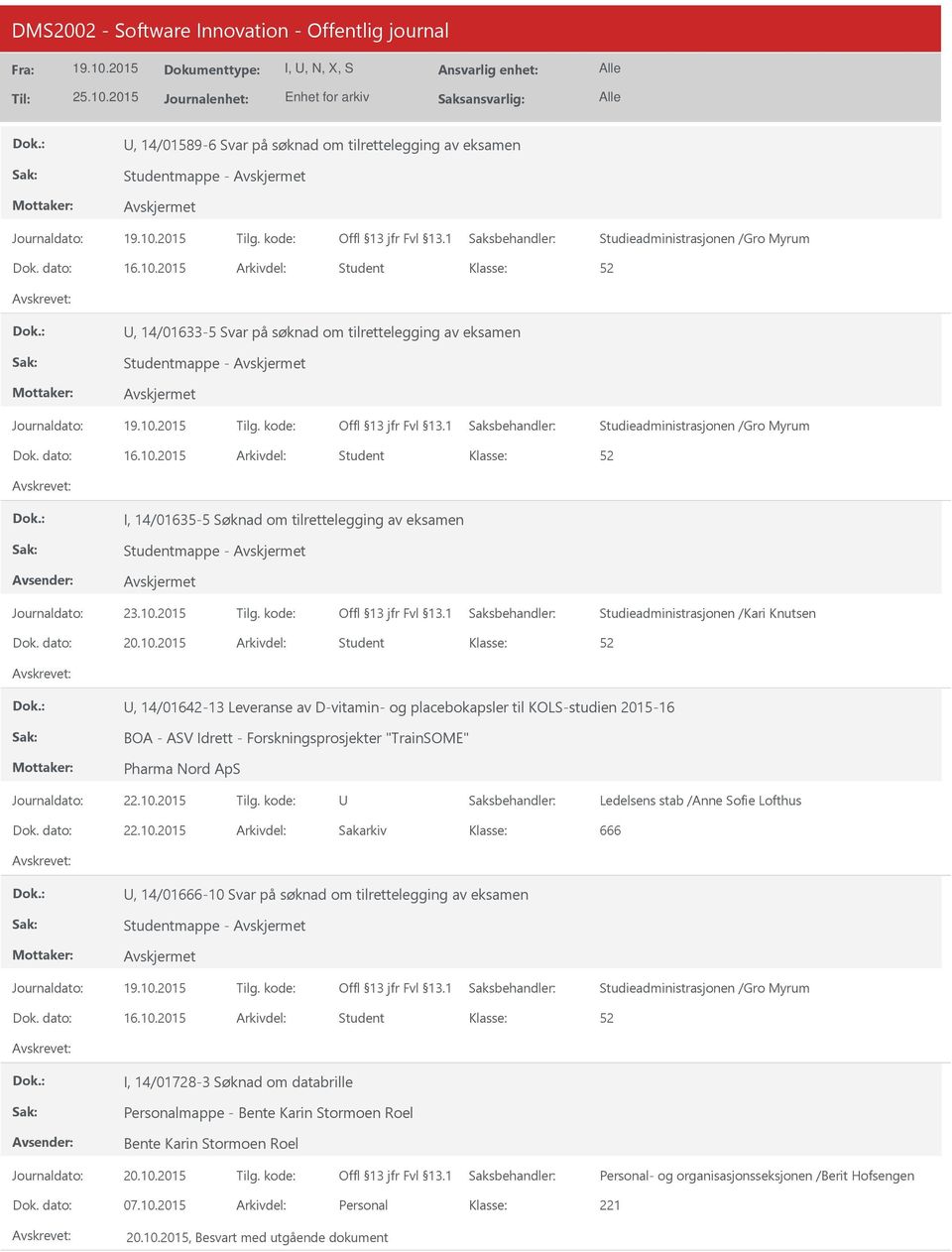 2015 Arkivdel: Student I, 14/01635-5 Søknad om tilrettelegging av eksamen Studieadministrasjonen /Kari Knutsen Dok. dato: 20.10.