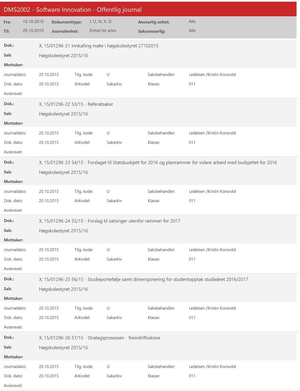 X, 15/01296-24 55/15 - Forslag til satsinger utenfor rammen for 2017 Høgskolestyret 2015/16 Ledelsen /Kristin Korsvold 011 X, 15/01296-25 56/15 - Studieportefølje samt dimensjonering for