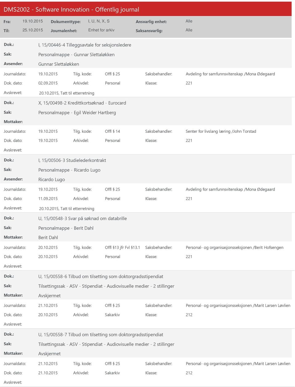 dato: Arkivdel: Personal 221 I, 15/00506-3 Studielederkontrakt Personalmappe - Ricardo Lugo Ricardo Lugo Avdeling for samfunnsvitenskap /Mona Ødegaard Dok. dato: 11.09.2015 Arkivdel: Personal 221 20.