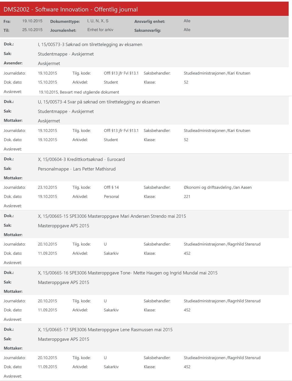 dato: Arkivdel: Student X, 15/00604-3 Kredittkortsøknad - Eurocard Personalmappe - Lars Petter Mathisrud Offl 14 Økonomi og driftsavdeling /Jan Aasen Dok.