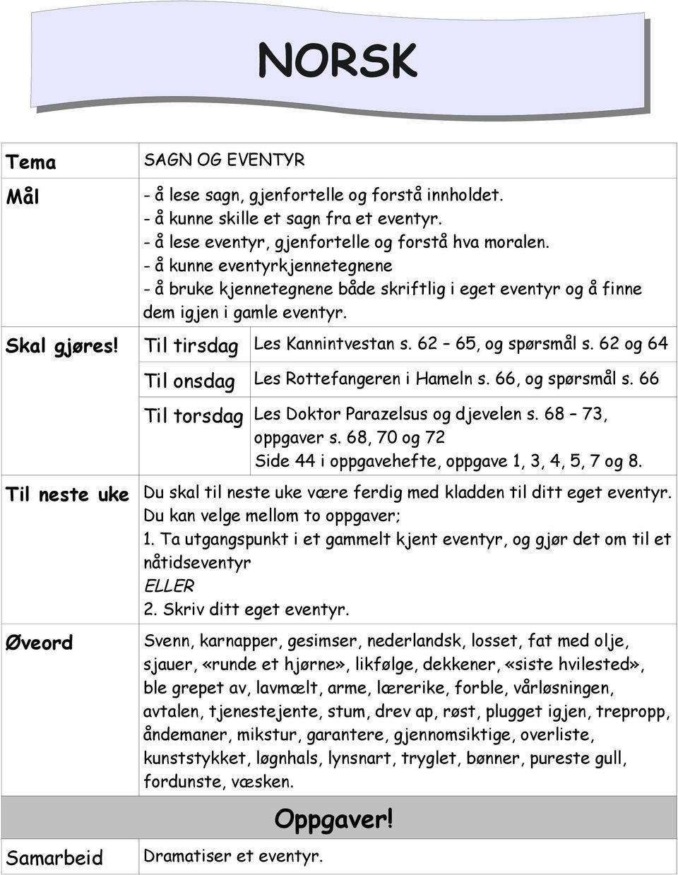 62 og 64 Til onsdag Les Rottefangeren i Hameln s. 66, og spørsmål s. 66 Til torsdag Les Doktor Parazelsus og djevelen s. 68 73, oppgaver s.