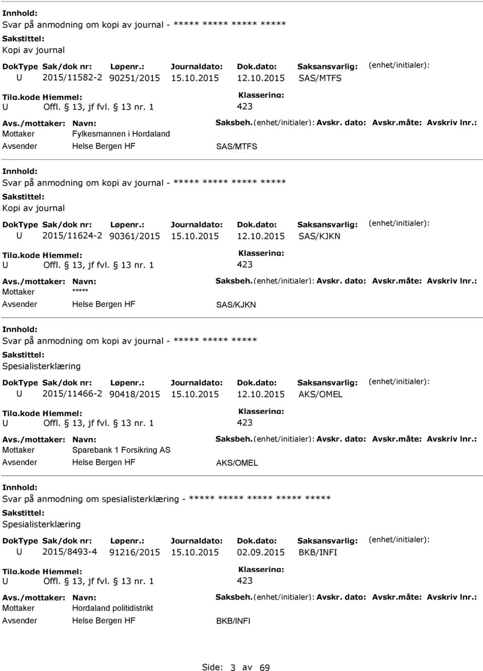 Avskr. dato: Avskr.måte: Avskriv lnr.: SAS/KJKN Svar på anmodning om kopi av journal - ***** ***** ***** Spesialisterklæring 2015/11466-2 90418/2015 12.10.2015 AKS/OMEL Avs./mottaker: Navn: Saksbeh.