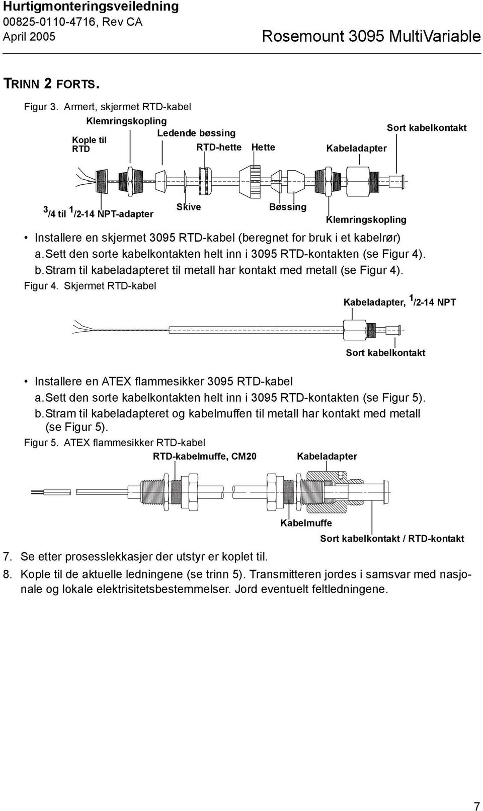 skjermet 3095 RTD-kabel (beregnet for bruk i et kabelrør) a.sett den sorte kabelkontakten helt inn i 3095 RTD-kontakten (se Figur 4). b.stram til kabeladapteret til metall har kontakt med metall (se Figur 4).