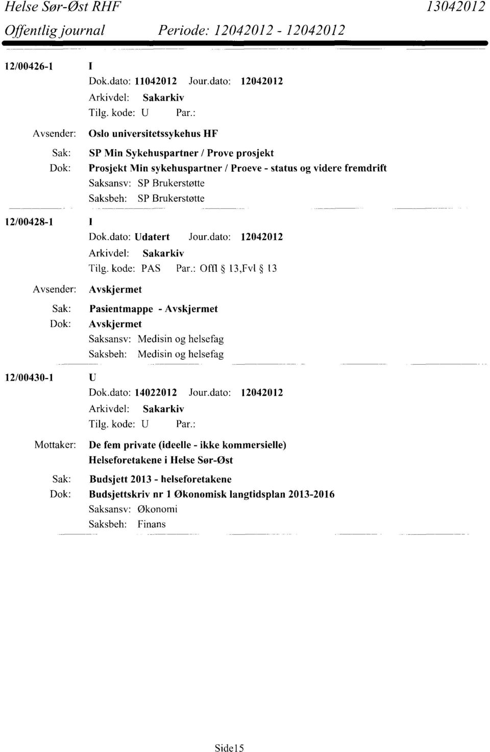 : Offl 13,Fv1 13 Avskjermet Sak: Pasientmappe - Avskjermet Dok: Avskjermet Saksansv: Medisin og helsefag Medisin og helsefag 12/00430-1 Dok.