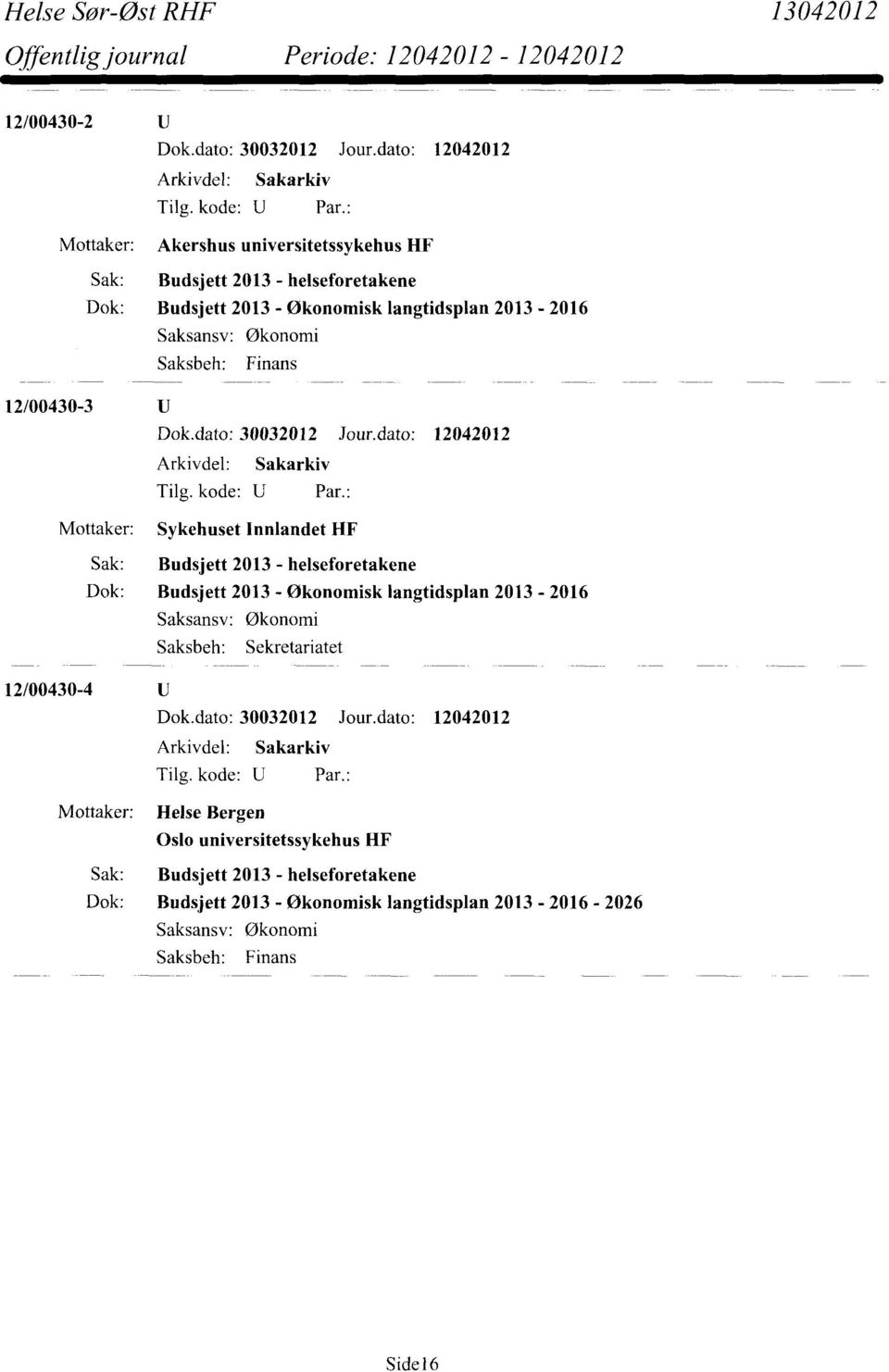 2013-2016 12/00430-3 Sykehuset Innlandet HF Dok: Budsjett 2013 - Økonomisk