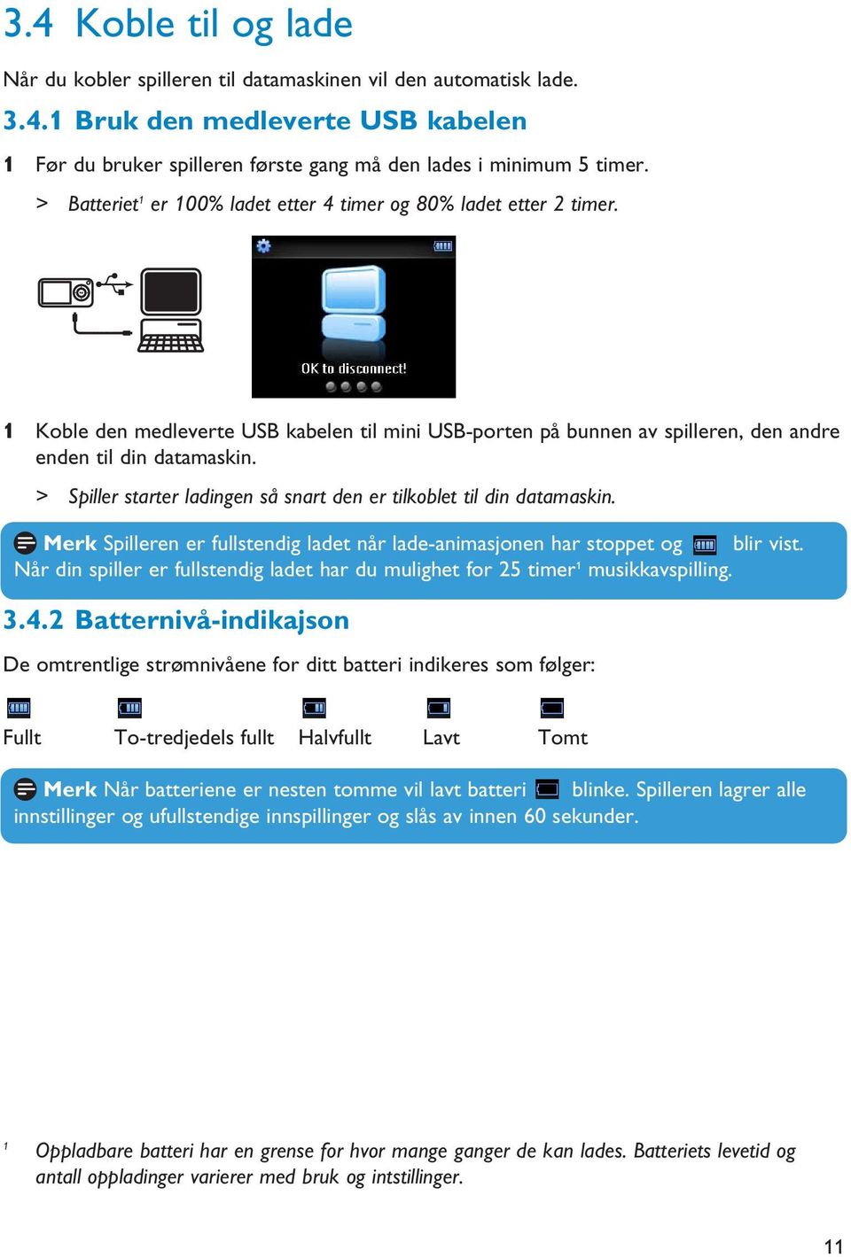 > Spiller starter ladingen så snart den er tilkoblet til din datamaskin. Merk Spilleren er fullstendig ladet når lade-animasjonen har stoppet og blir vist.