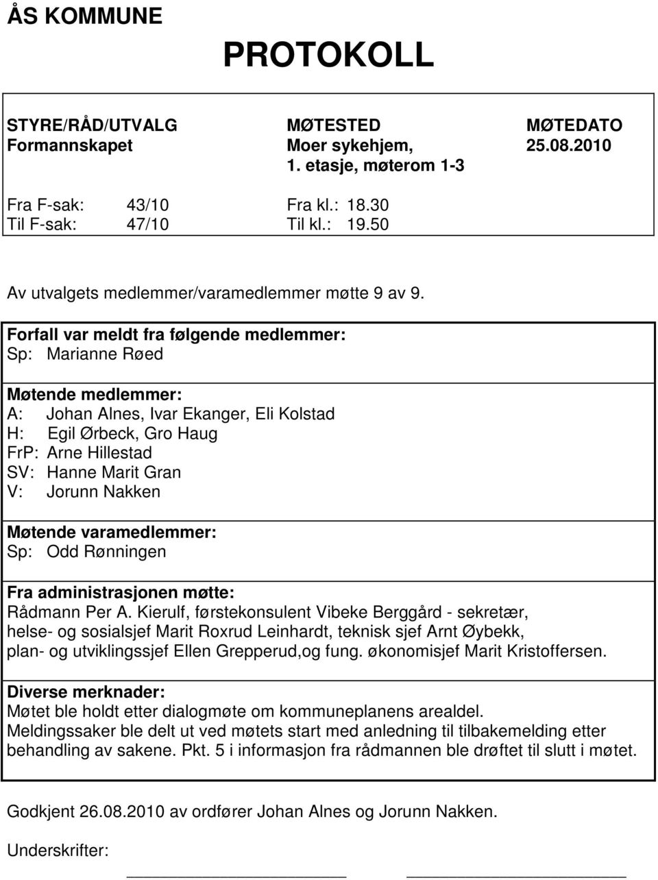 Forfall var meldt fra følgende medlemmer: Sp: Marianne Røed Møtende medlemmer: A: Johan Alnes, Ivar Ekanger, Eli Kolstad H: Egil Ørbeck, Gro Haug FrP: Arne Hillestad SV: Hanne Marit Gran V: Jorunn